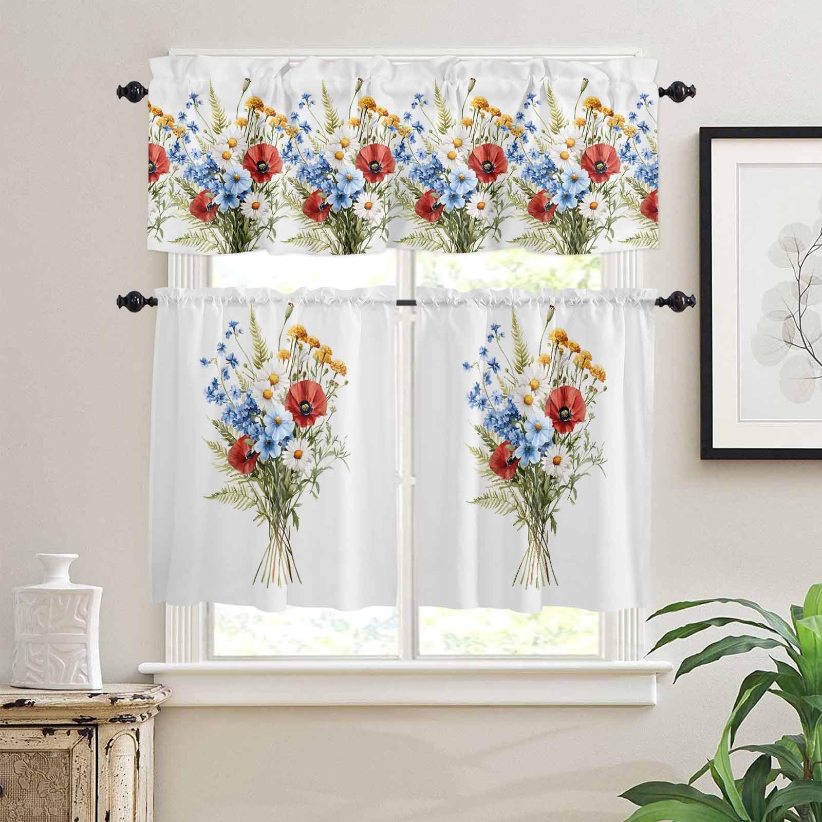 Red Flower Kitchen Curtains 24 Inch Length,3 Piece Rod Pocket Small Half Tiers and Valance Set,4th of July Patriotic Blue Poppy Floral Daisy Small Large Window Treatment Decor for Bedroom/Bathroom