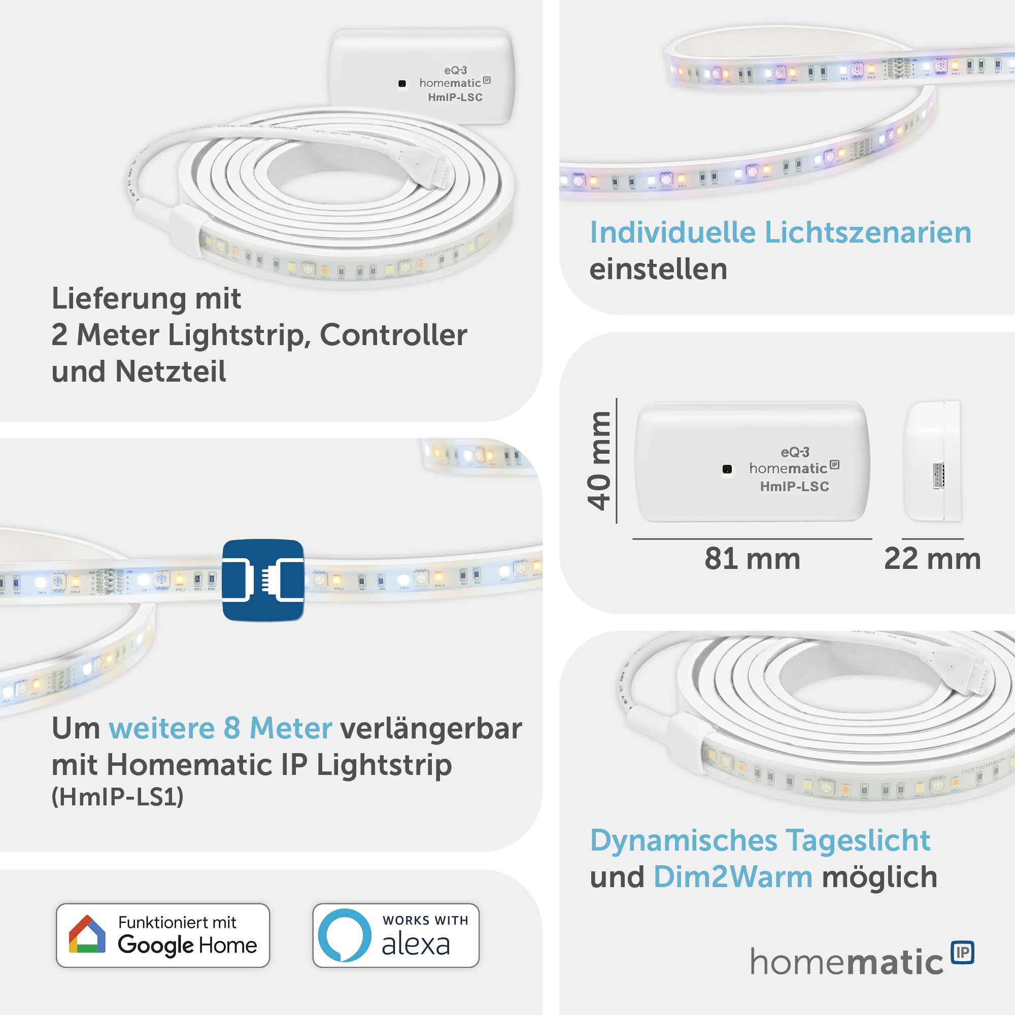 Homematic IP Smart Home Lightstrip Set, 2m, indirekte Beleuchtung, Steuerung per App, Google Assistant und Alexa | Smart Home, dimmbarer RGBWW LED Streifen, indirekte Beleuchtung, LED-Strips per App, Google Home und Alexa, 159647A0