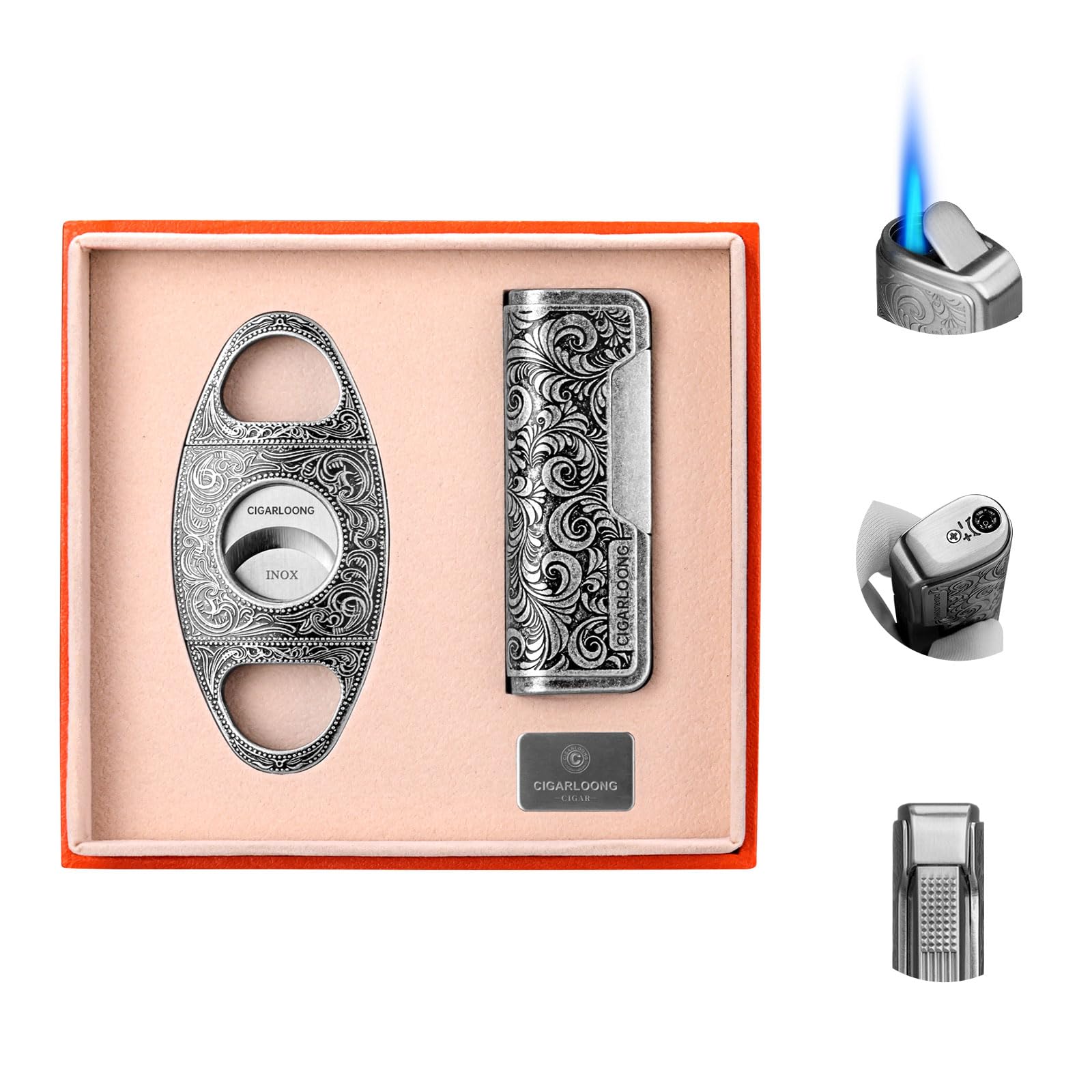 CIGARLOONG Cigar Cutter and Lighter Set Silver Sharpening Blade Engraved Cigar Cutter and Retro Carved Lighter