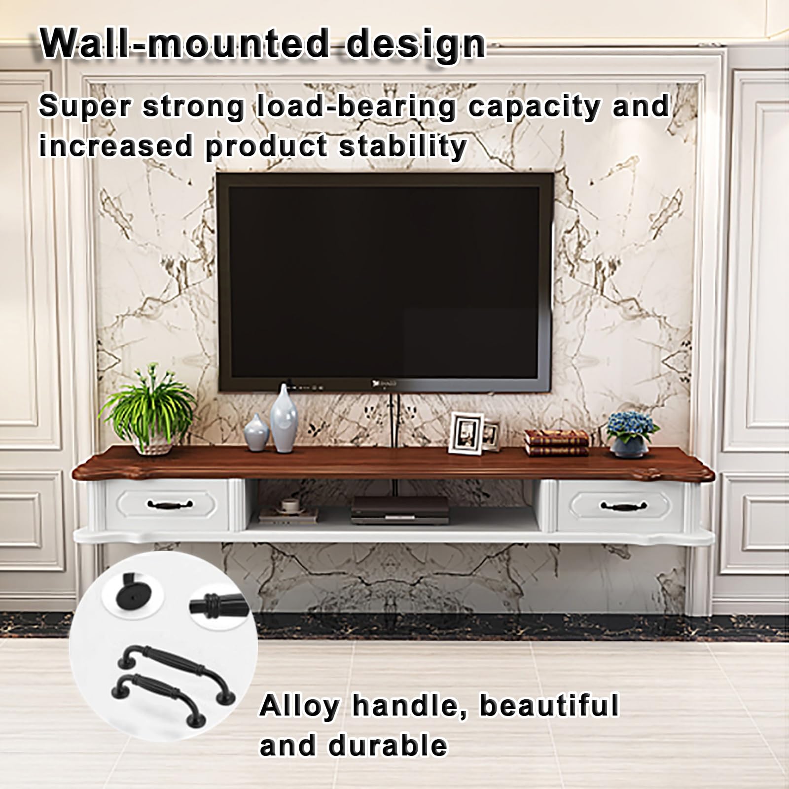 Mobile TV sospeso moderno con ante e cassetti, console di intrattenimento lucida per soggiorno e camera da letto, gestione dei cavi, montaggio a parete, 160 cm, design bianco