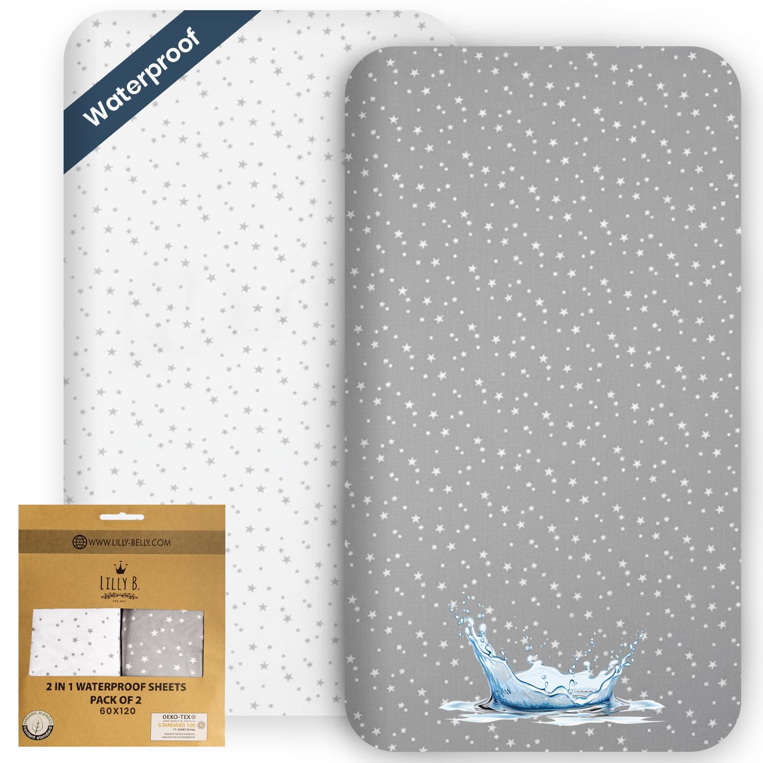 Spannbettlaken 60x120 Baby, Bio-Baumwolle GOTS 2in1-Pack mit 2 Wasserdichten Bettlaken, Verwendet anstelle von Matratzenschoner für Kinderbetten, kompatibel mit Allen Beistellbetten