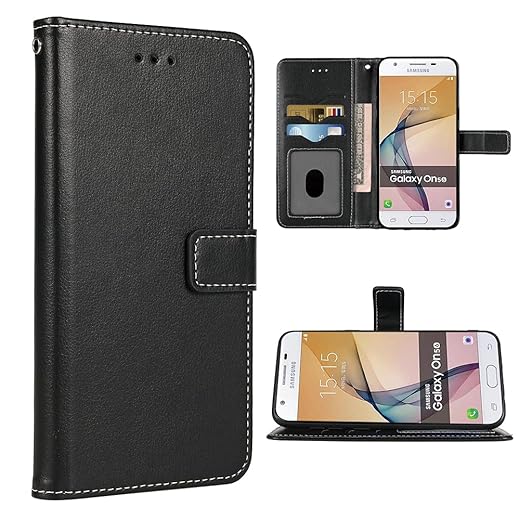 FDCWTSH Compatible with Samsung Galaxy on5 Wallet Case Wrist Strap Lanyard Leather Flip Cover Card Holder Stand Cell Accessories Phone Cases for Glaxay ON 5 2015 SM G550T Women Men Black