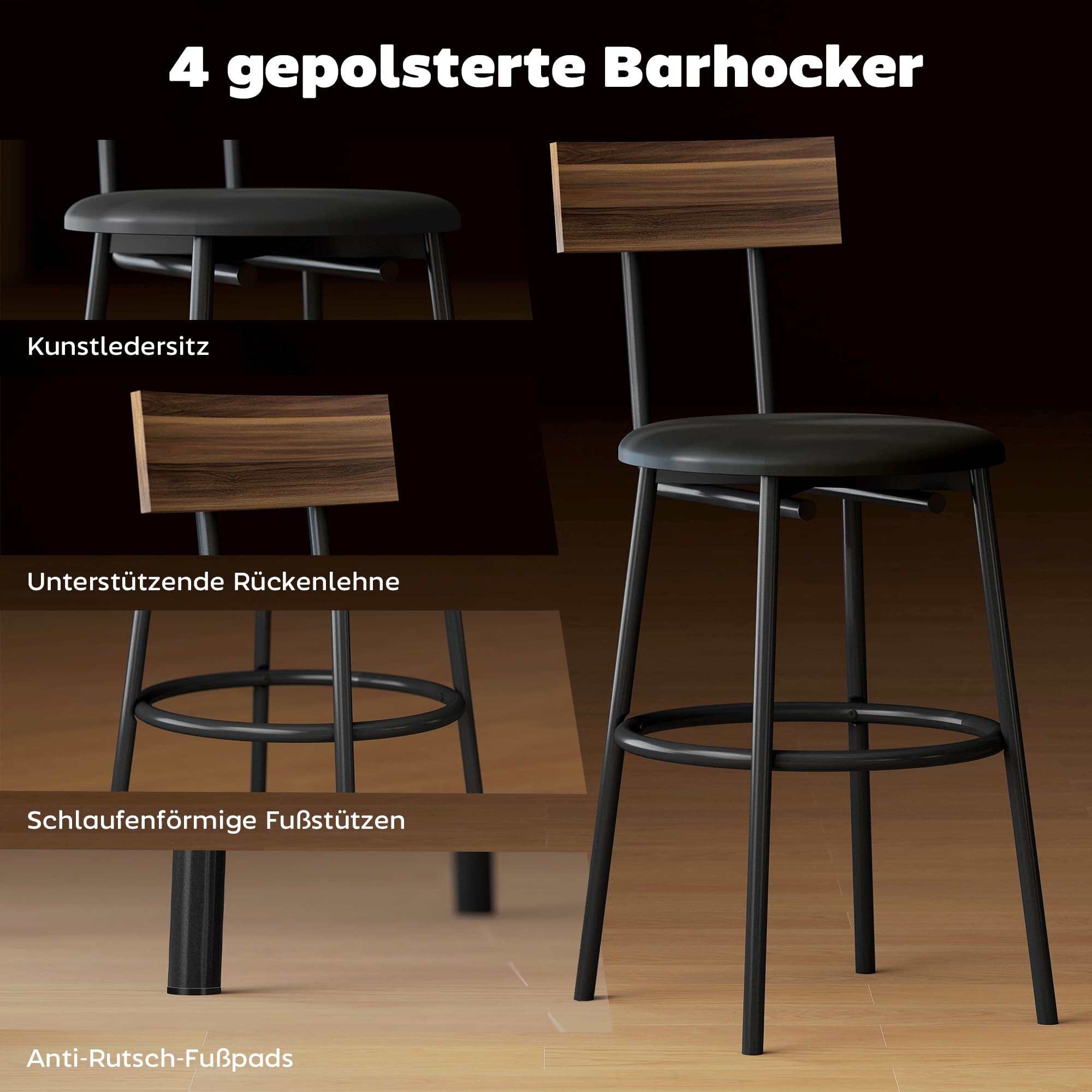 HOMCOM Bartisch mit Barhocker-Set Esstisch mit 4 Stühlen mit Fußstütze, Rückenlehne und Polsterung, Platzsparend Bartisch Set aus Stahl Industrial Küchentisch für Esszimmer, Küche, Braun