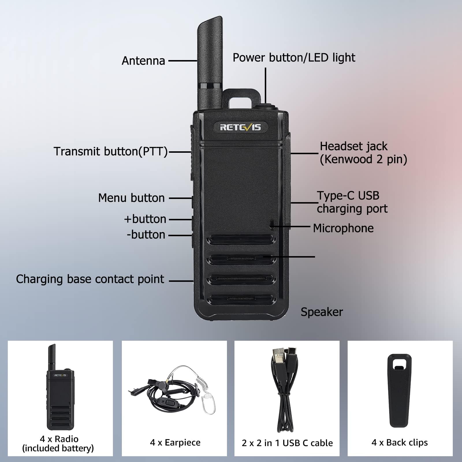 Retevis RB639 Talkie Walkie, PMR446 Talkie-Walkie Portable avec Casque, 1000mAh, USB-C, sans Fil, Silencieux, Talkie Fin et léger VOX Professionnels pour Restaurant, Vente au Détail (Lot de 4, Noir)
