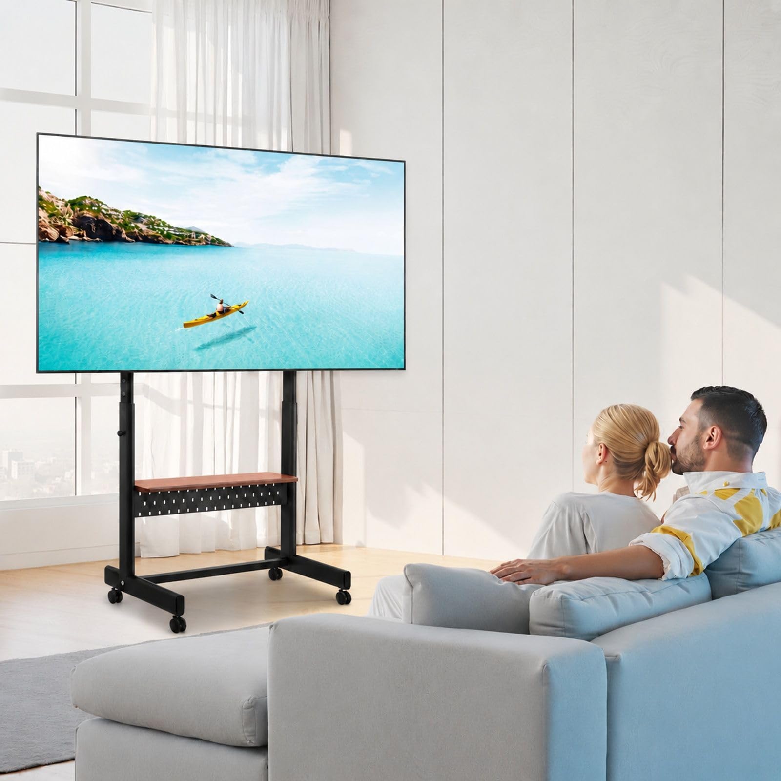 Stojak TV na kółkach, mobilny wózek do telewizora i monitora, podstawa podłogowa z regulacją wysokości do domu biura