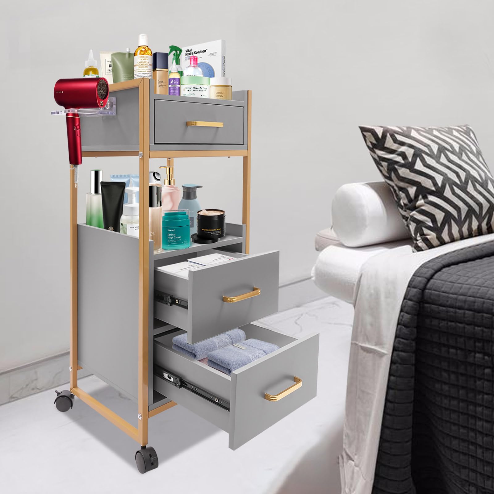 Carrito de cosméticos con ruedas, 3 cajones y soporte para secador, carrito auxiliar con armario, carrito de trabajo moderno para baño y sala de estar (Gris)