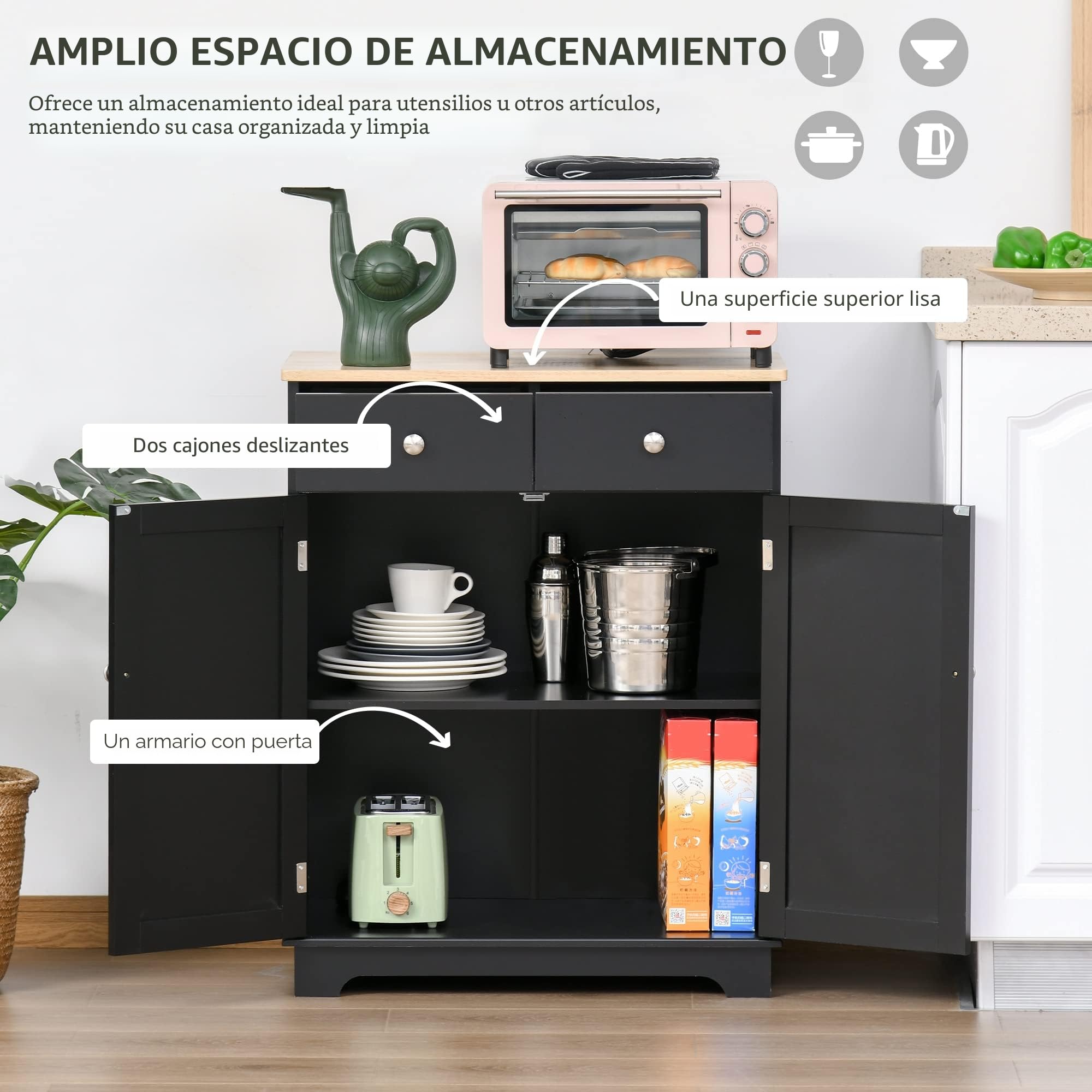 HOMCOM Aparador Buffet con encimera de Madera Maciza, Negro