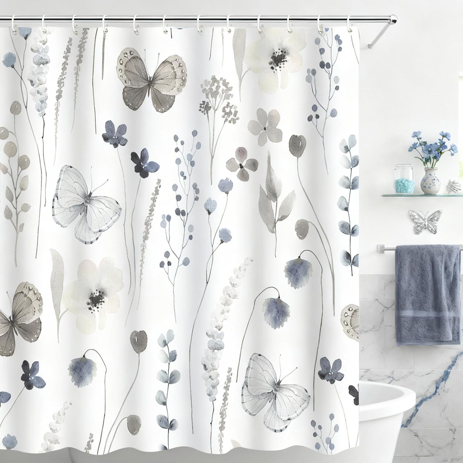 Grey Butterfly Shower Curtain, Watercolor Blue Floral and Eucalyptus Leaf Shower Curtains for Bathroom Waterproof Fabric Bath Curtain 72x72 Inch with 12 Hooks