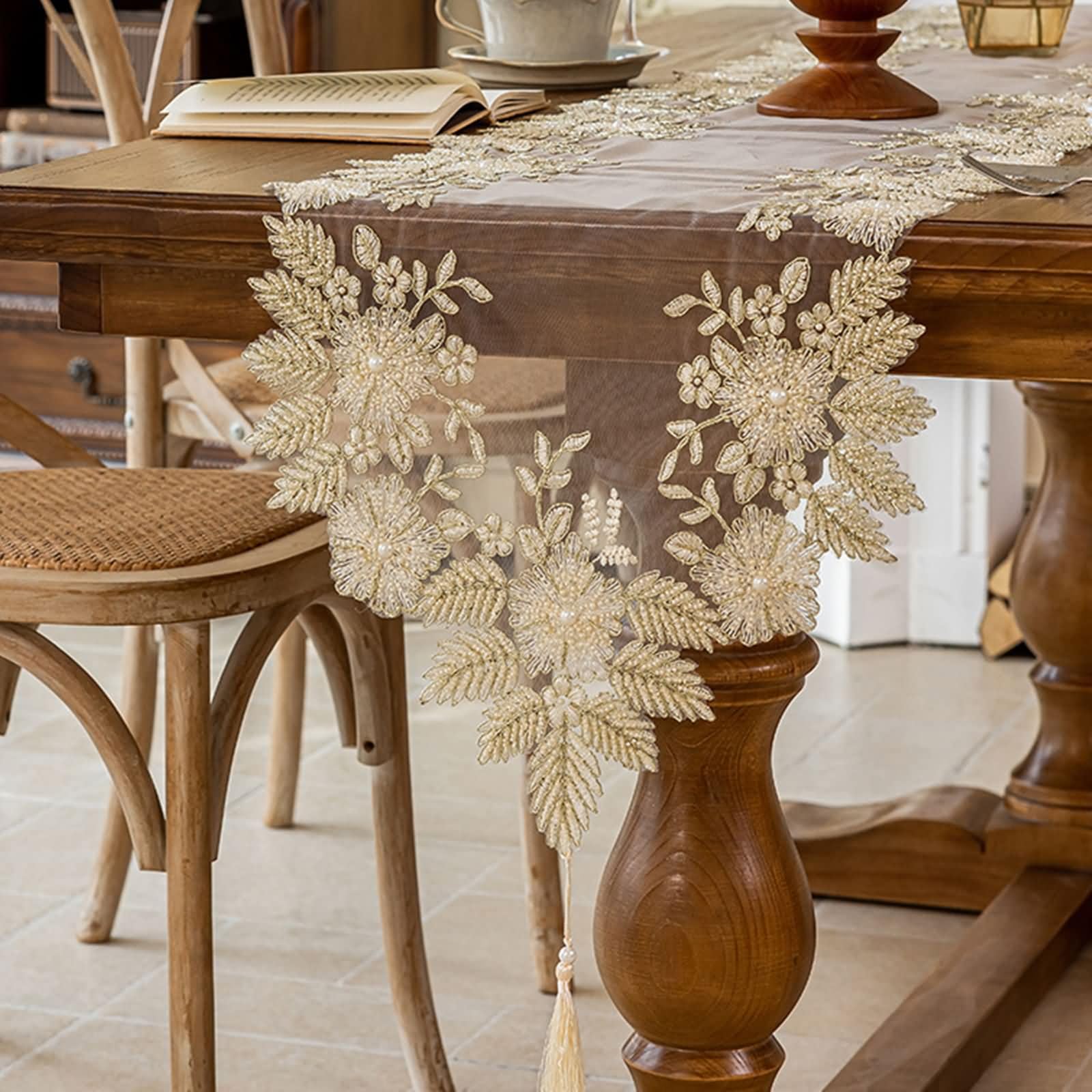 Tischläufer Landhausstil Beige Gold mit Geblümt,Polyester,40x220cm