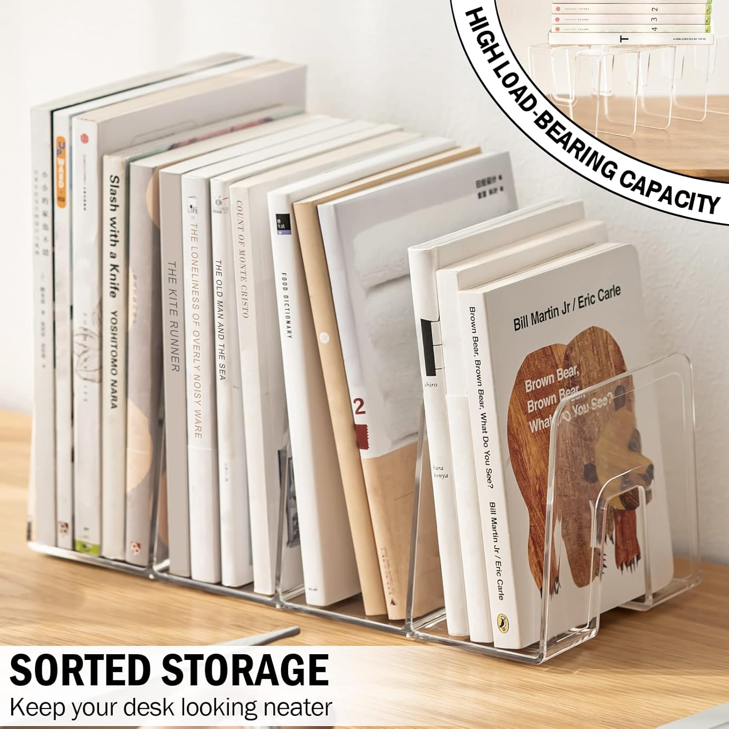 Clear Desktop Book Organizer, Creative Book Stand, Divider Bookshelf for Home School and Office, Non-Acrylic Stand Bookshelves (4 Sections), Transparent, Pack of 2