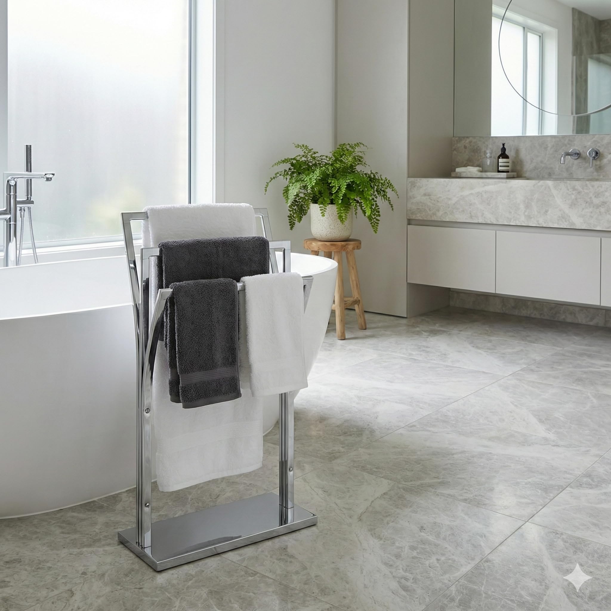 MSV - Porte Serviettes sur Pied 3 Barres en Acier Chromé - Étendoir à Serviettes de Salle de Bain Design Chic & Contemporain - Support de Rangement Métal Argenté - Gain de Place - 41x18,5x87cm