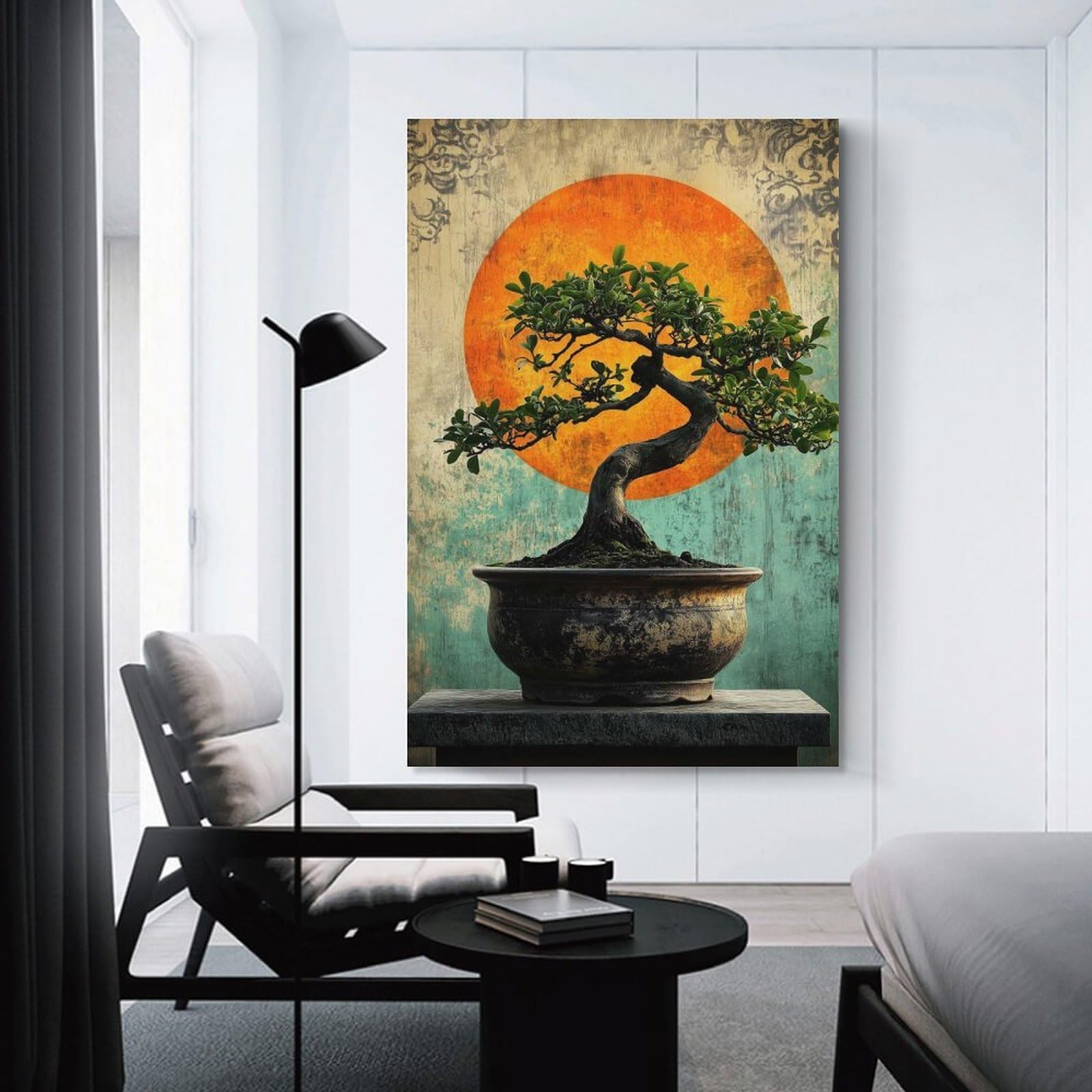 Junmoney Bonsai Tree with Sunset Room Decor Wall Art 24x36inch(60x90cm), for Art Walls, Layered Displays Or Homes, Wall Decor Suited to Curated Displays