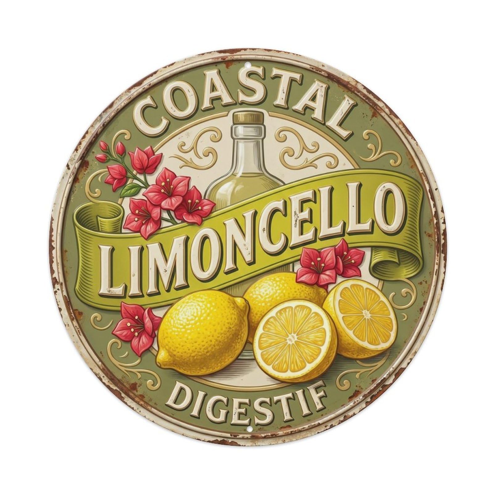 Coastal Digestif Limoncello Vintage Metal Tin Sign Plaque Wall Decor for Cafe, Club, Garden Round Metal Poster 8x8Inch