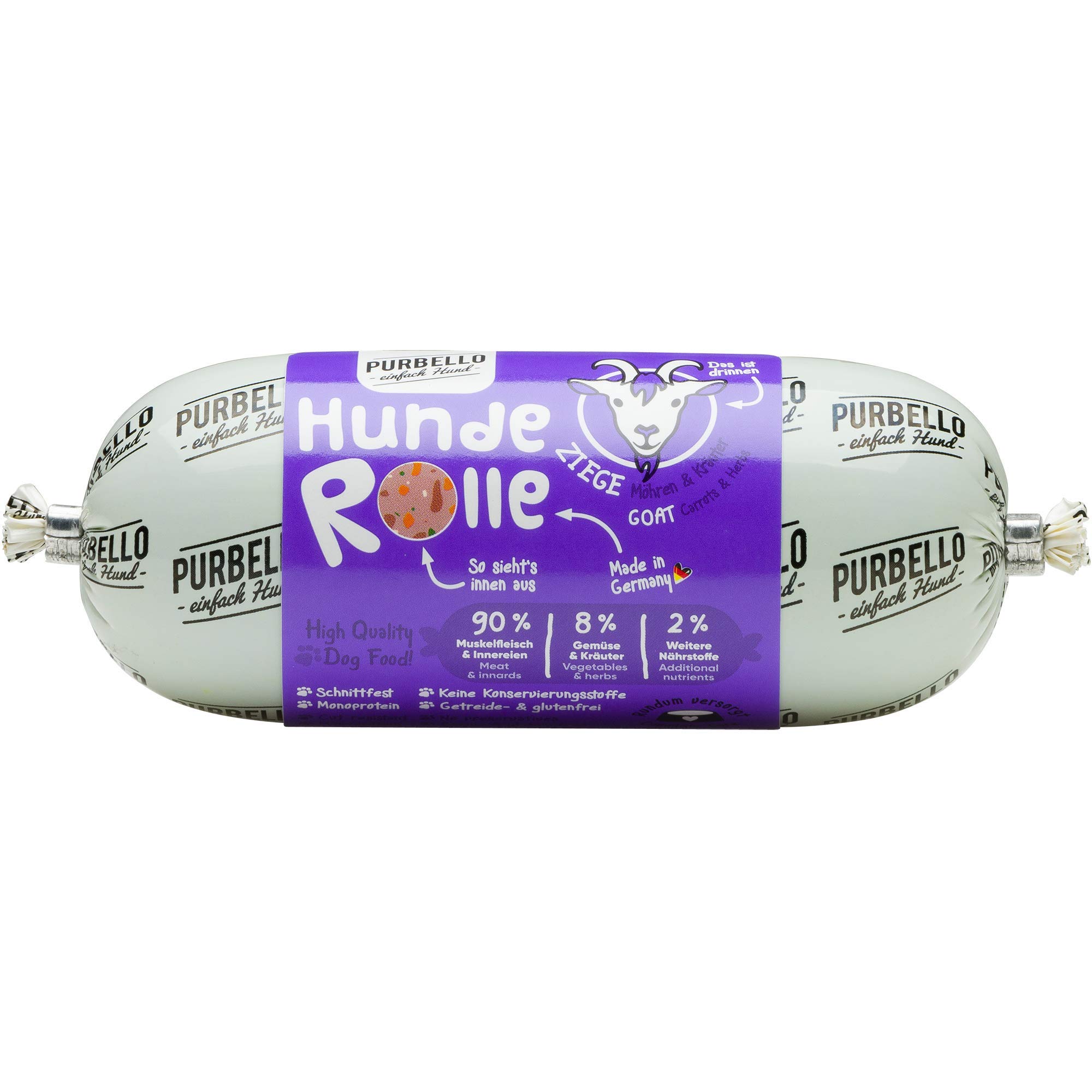PURBELLO Hunde-Rolle Ziege mit Karotte & Kräutern - Monoprotein Hundefutter mit hohem Fleischanteil - Nassfutter für Hunde - Hundewurst schnittfest & getreidefrei - 8 x 200 g