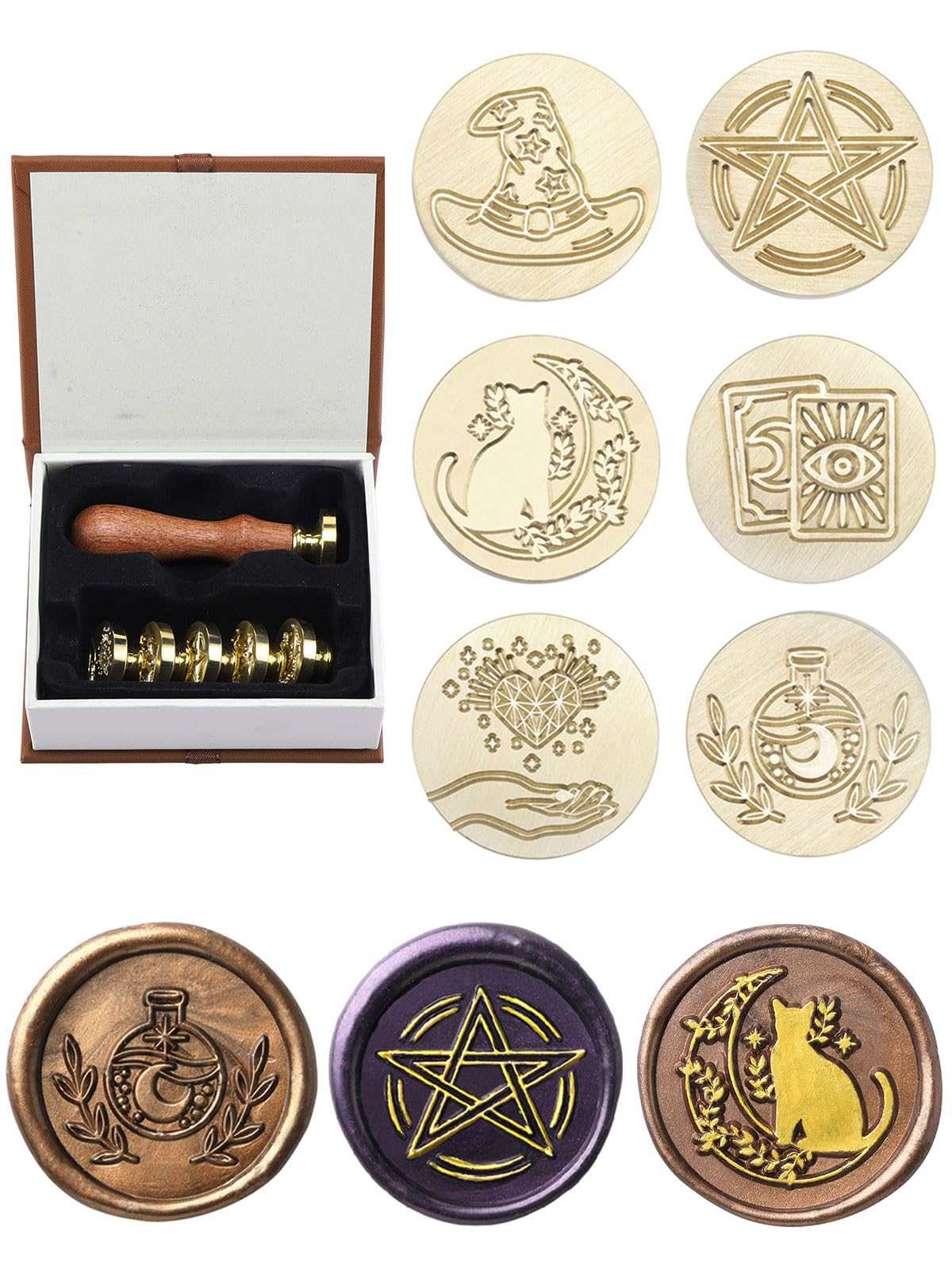 Yoption Wax Seal Stamp Gift Box Set - 6 Wiccan Copper Heads + Wooden Hilt, Vintage Kit for Invitations, Letters, Cards, Envelopes, Witchcraft — image 1