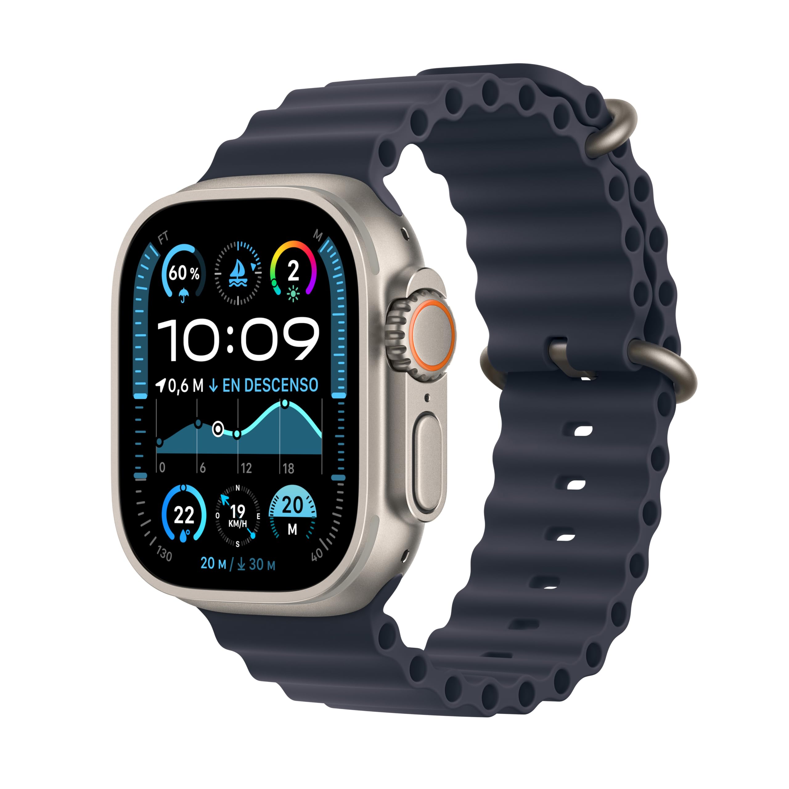 Apple Watch Ultra 2 GPS + Cellular Smartwatch, Reloj Deportivo con Caja de Titanio Natural Resistente de 49 mm y Correa Ocean Azul Marino. Monitor de entreno y Pantalla Retina Brillante