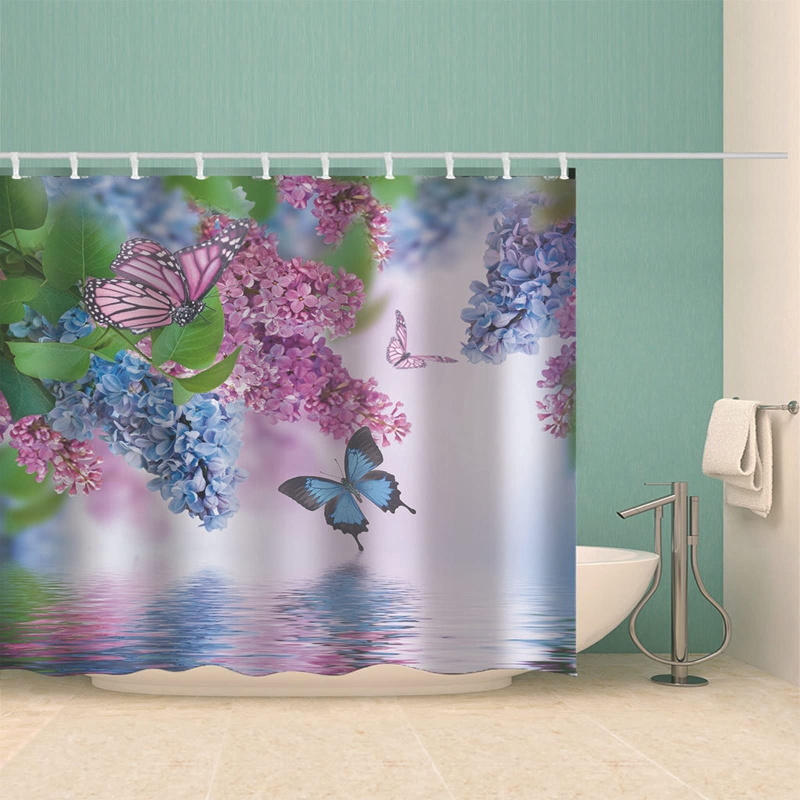 Tenda Doccia Antimuffa Blu Impermeabile & Lavabile Tende Bagno Finestra Poliestere con Ganci Tenda da Doccia Farfalle Fiori, 180x180cm