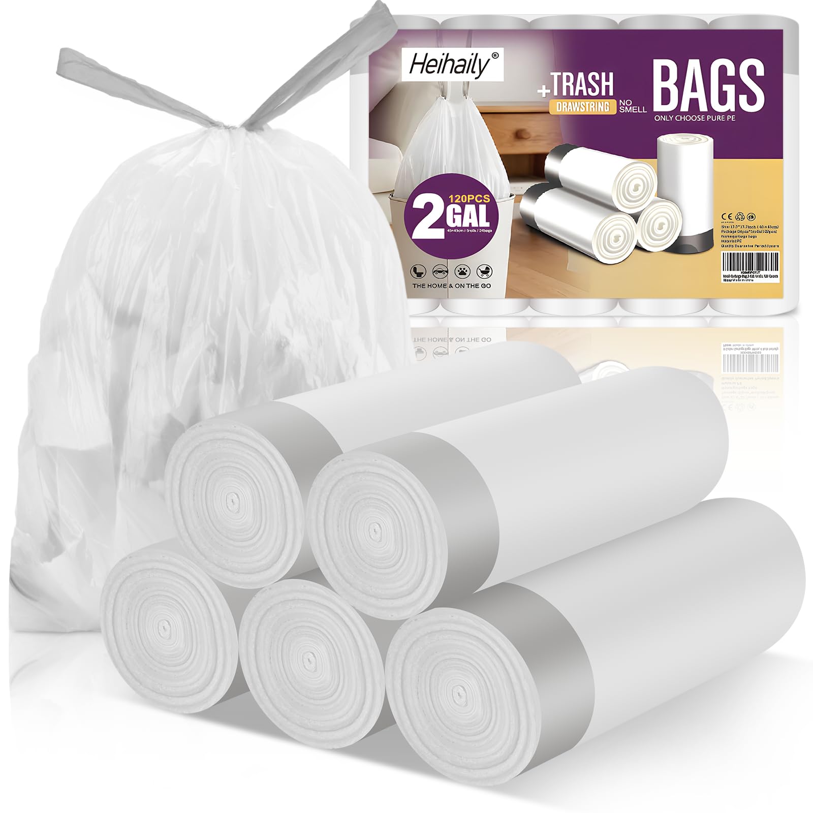 Bolsa de basura pequeña de 2 galones, con cordón, sin perfume, color blanco transparente, bolsas de plástico para reciclaje para cocina, oficina, baño, cesta de basura, 5 rollos, 120 unidades