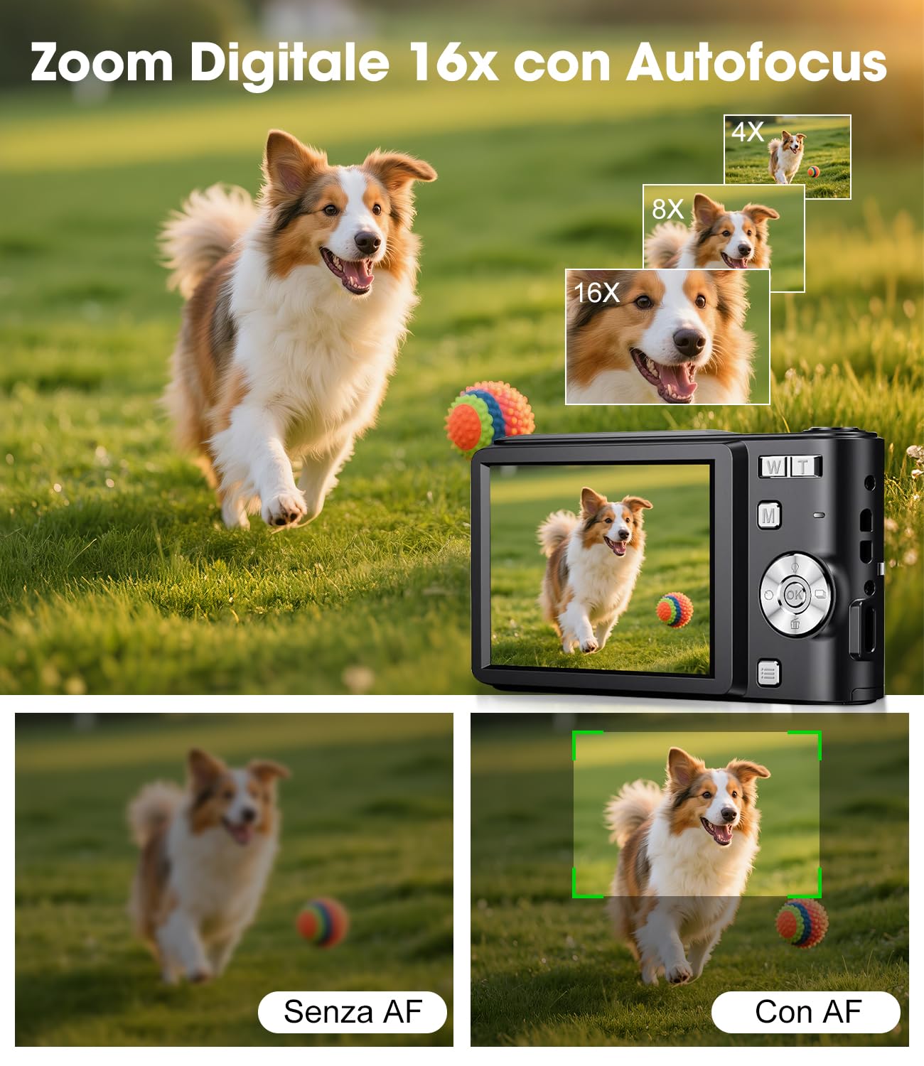 Macchina Fotografica Bambini 50MP 1080P, Autofocus, Schermo 2,4", Zoom Digitale 16X, Anti-Shake, Nero Vlogging Compatta Digital Camera per Ragazzi, Bambini, Studenti e Principianti con Scheda 16GB