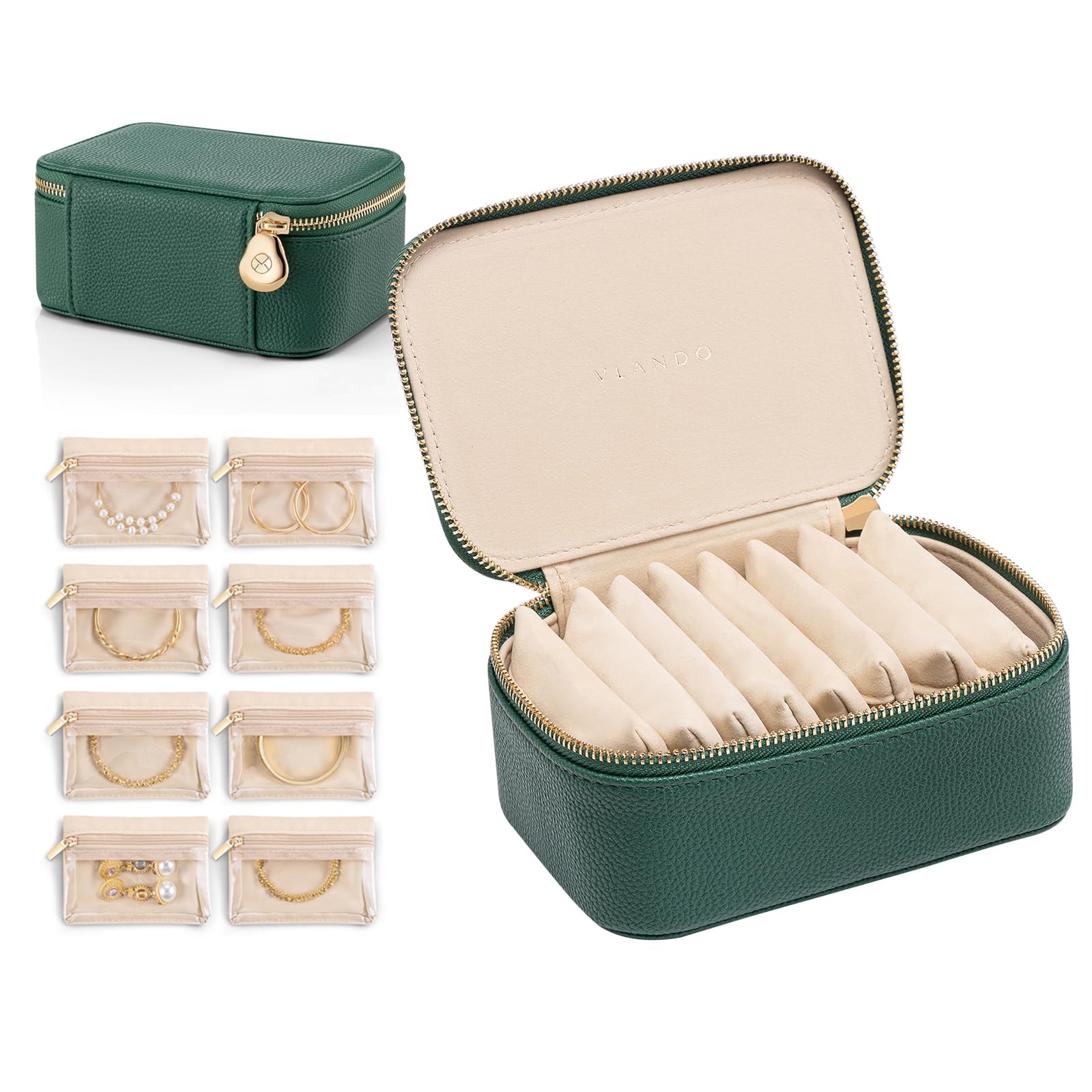 Vlando Joyero organizador de viaje, 8 pequeños bolsillos de terciopelo con cremallera para joyas, collares, anillos, aretes, clasificación, almacenamiento, color verde oscuro