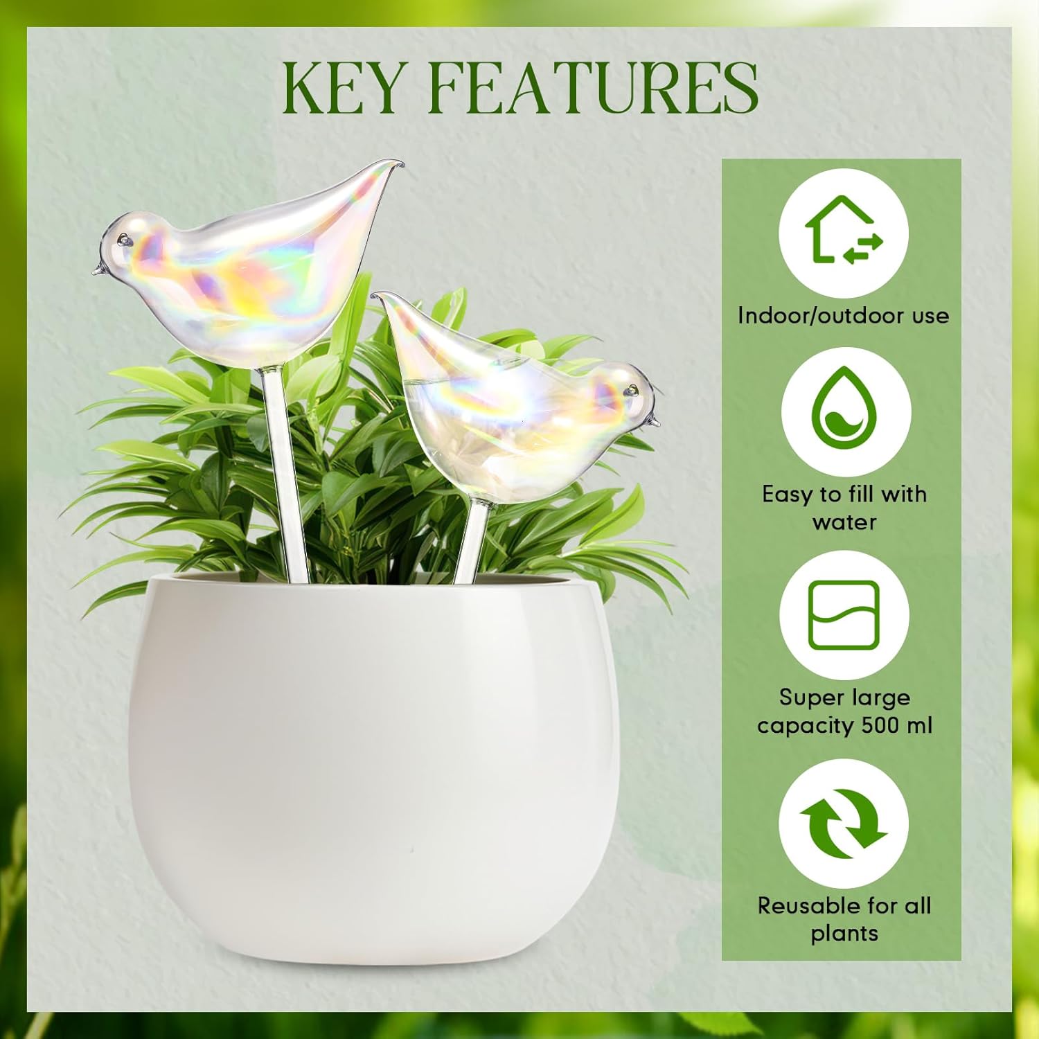 Qinyoung 2 Pack 17oz Bird Shaped Plant Watering Globes Large Clear Glass Self Watering Globes Planter Insert Spikes Drip Devices Rainbow Color Watering Bulbs Irrigation System Gifts for Plant Lover