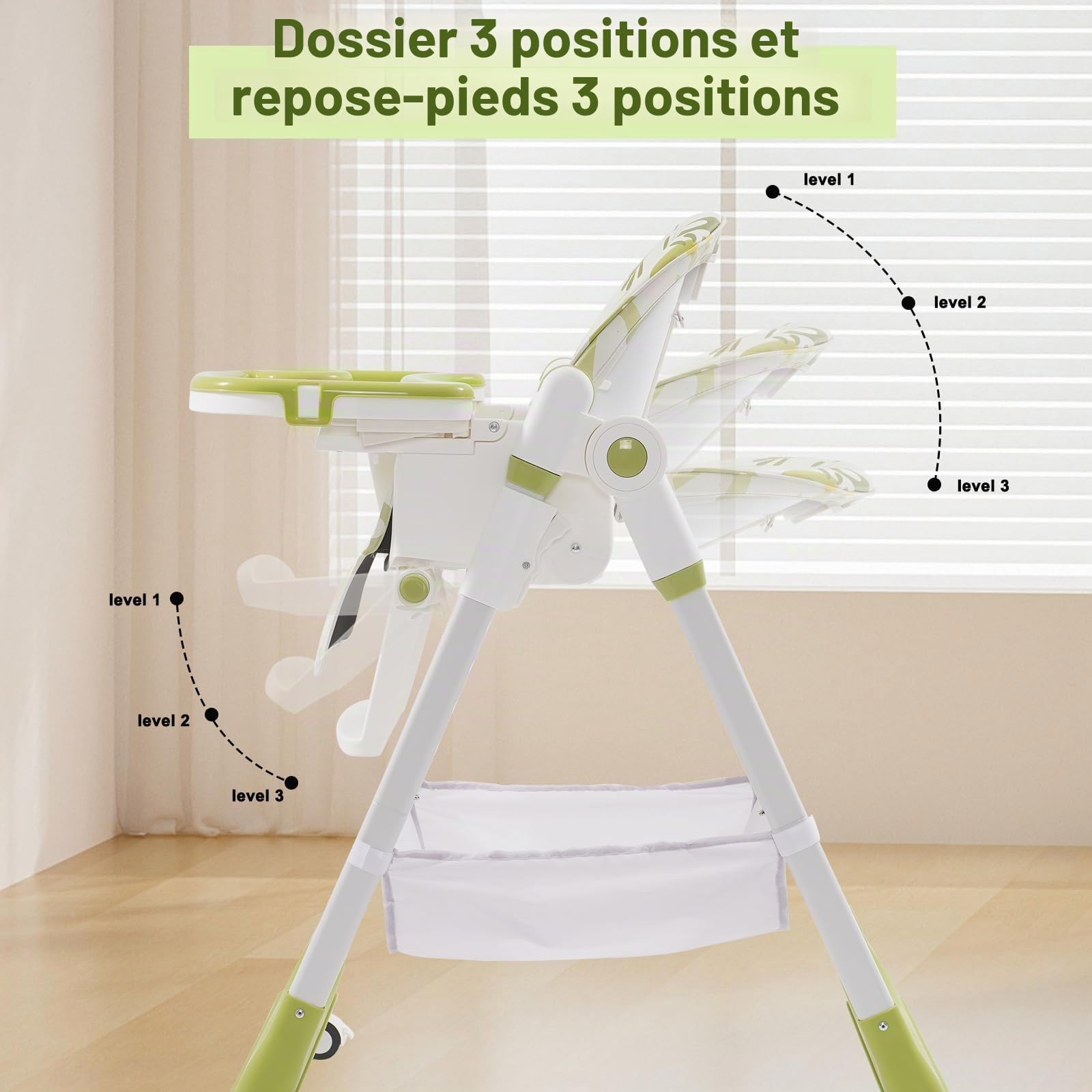 Chaise Haute Bébé Pliable, chaise haute enfant avec repose-pieds, roulettes, hauteur et dossier réglables, chaise haute polyvalente bébé dès la naissance