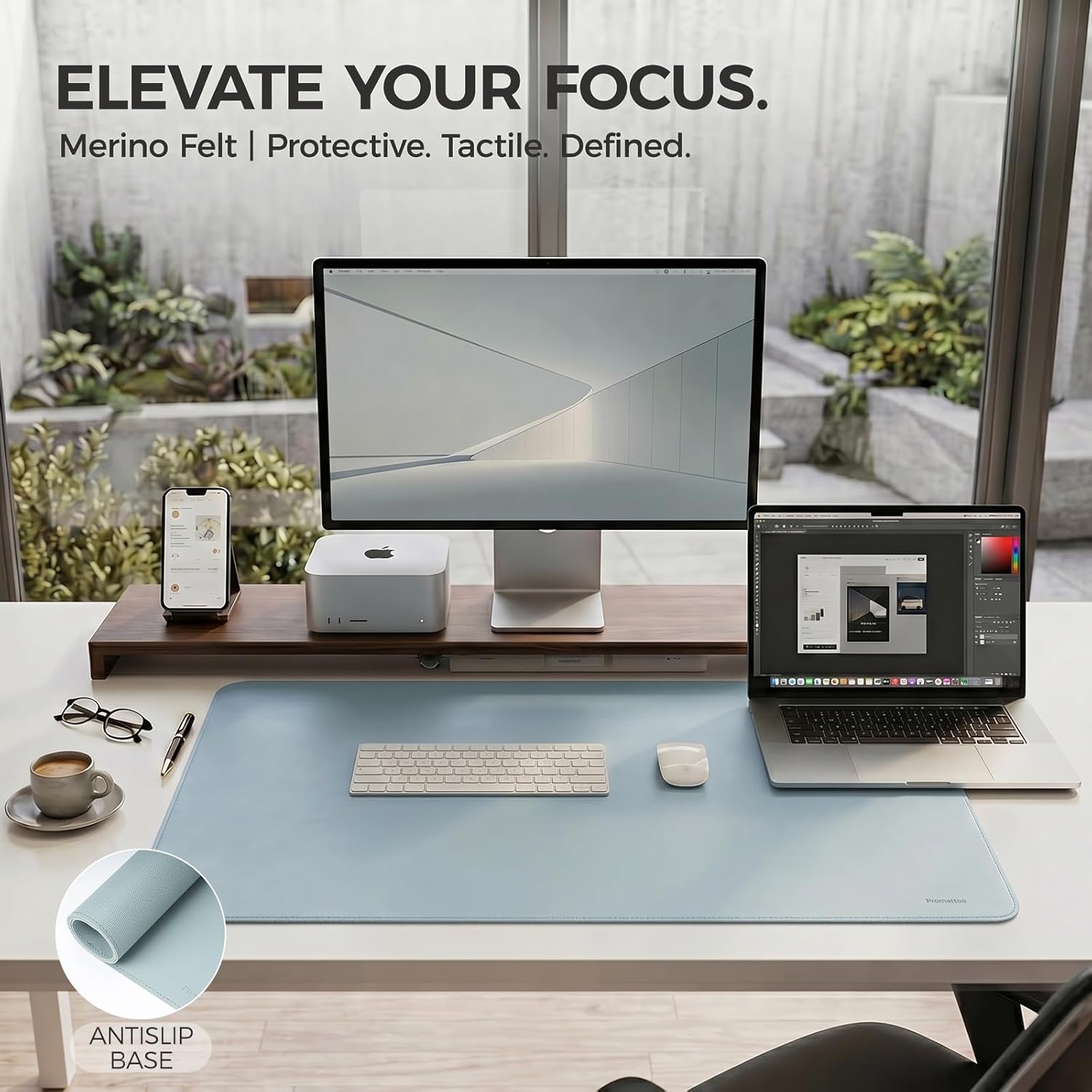 Large Desk Pad Non-Slip Desk Mat Protector for Keyboard Mouse Waterproof Vegan Leather Surface Faux Leather Laptop Mat Smooth Mouse Pad Premium Gift Tube Morning Fog Blue 47" x 17"