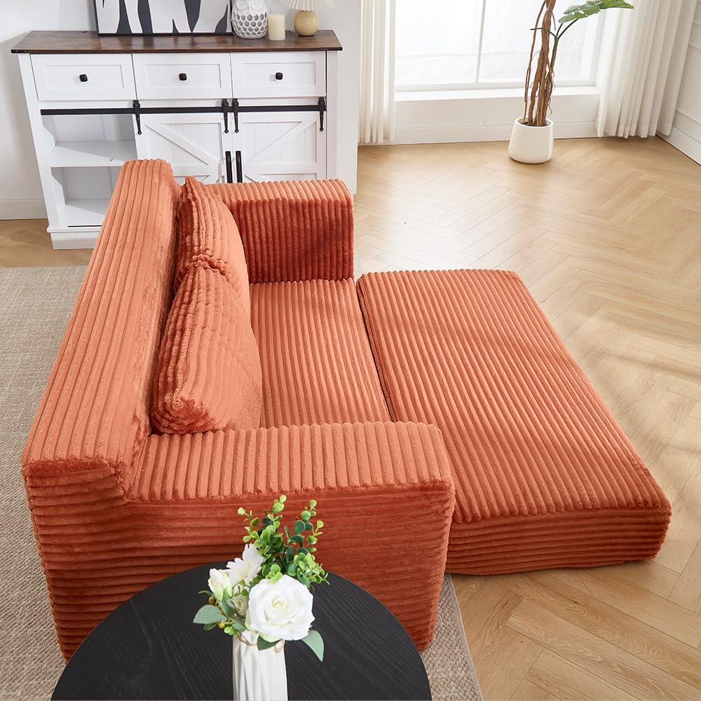 WILLIAMSPACE 70.87" Modern Loveseat Sofa Fold-Out Sofa Bed, Convertible 2-in-1 Floor Couch Chair with Memory Foam, Comfy Sofa Bed Compact Couch for Living Room, Bedroom, Corduroy (Orange)