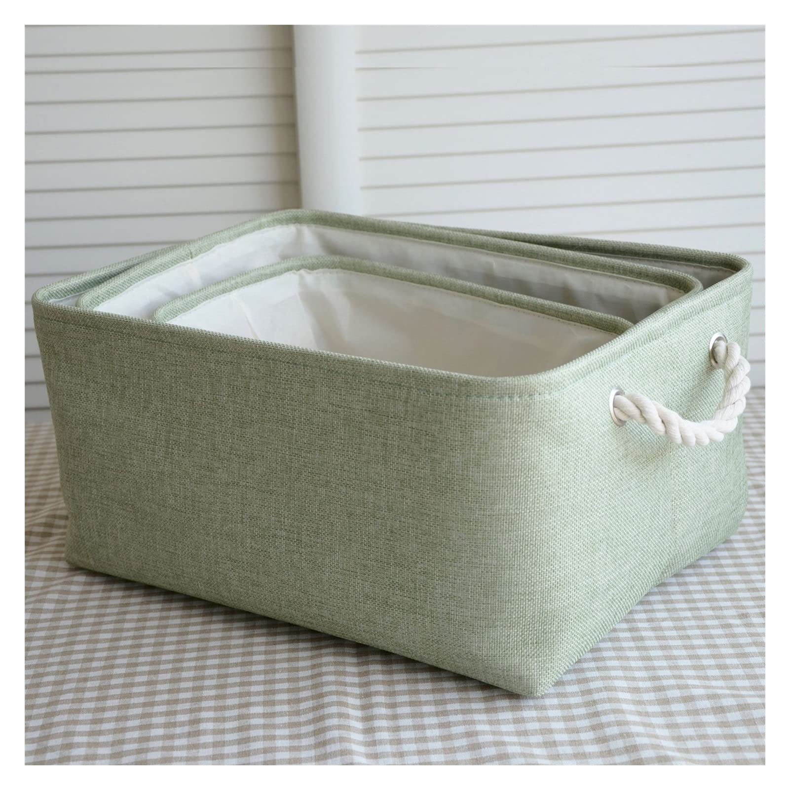 DLZFUDTY Storage Boxes,Fabric Boxes Cotton Linen Square Desktop Snack Collection Box Toys Storage Basket Foldable Laundry Baskets Kitchen Items(Green,Medium 35x25x18cm)