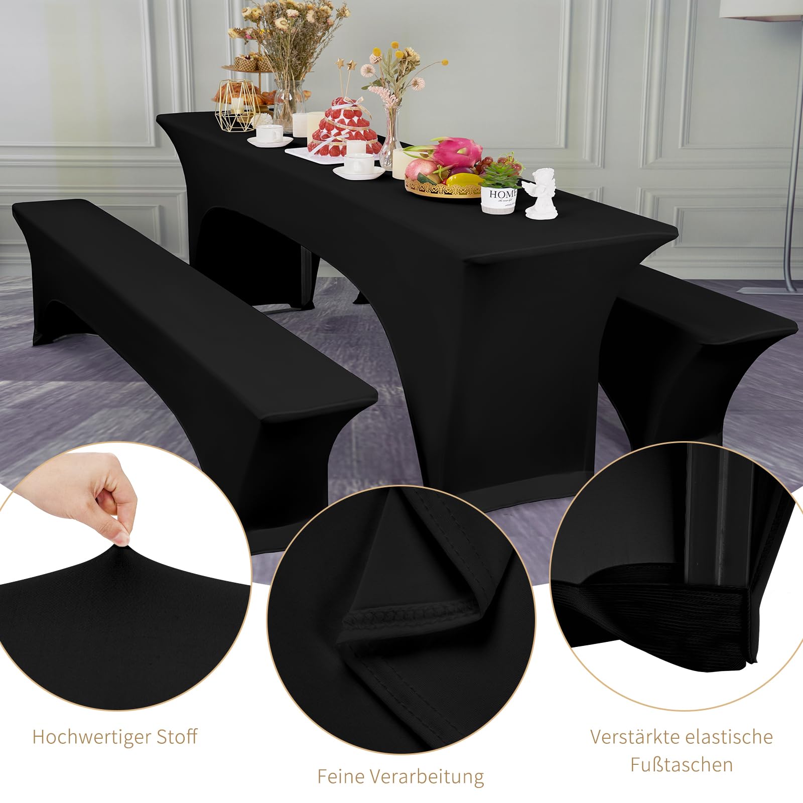 YMHPRIDE 1 set di coperture e tovaglie per panche da birra nere, larghezza tavolo 70 cm, set di tende da birra 220x70x70 cm per mobili da giardino per banchetti da giardino. (3 confezioni)