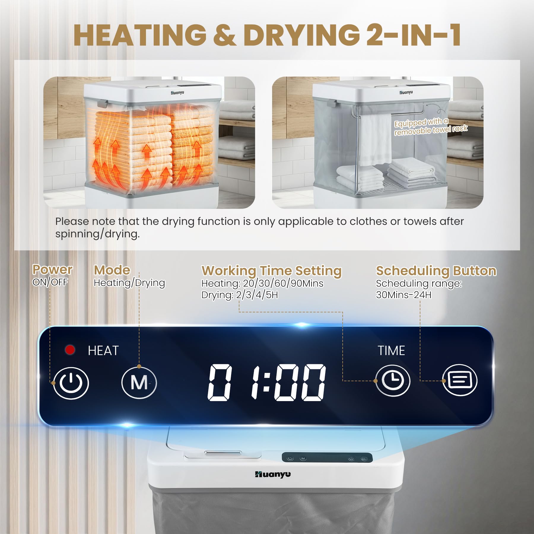 Huanyu Calentador de Toallas 35L Cubo Calentador de Toallas Plegable para baño y SPA Calentador de Toallas de Lujo con función de programación y Gancho Colgante extraíble