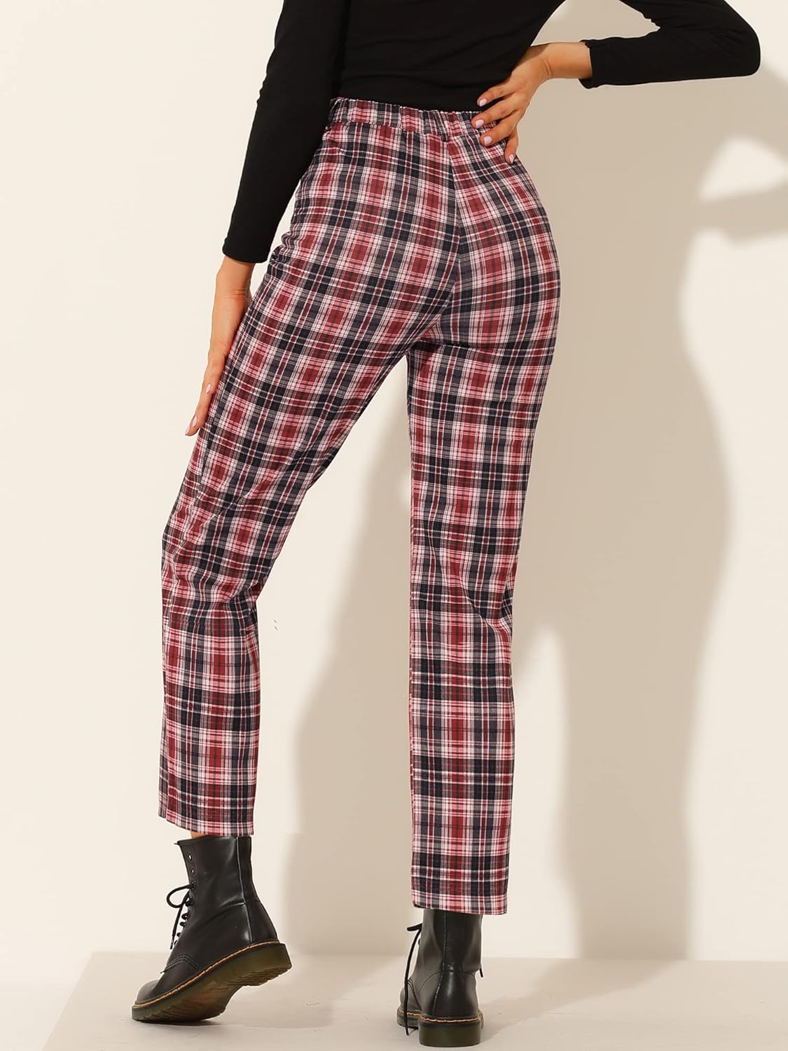 Allegra K Women's Plaid Pants High Waisted Vintage Tartan Checkered Cropped Casual Work Pants - Image 5