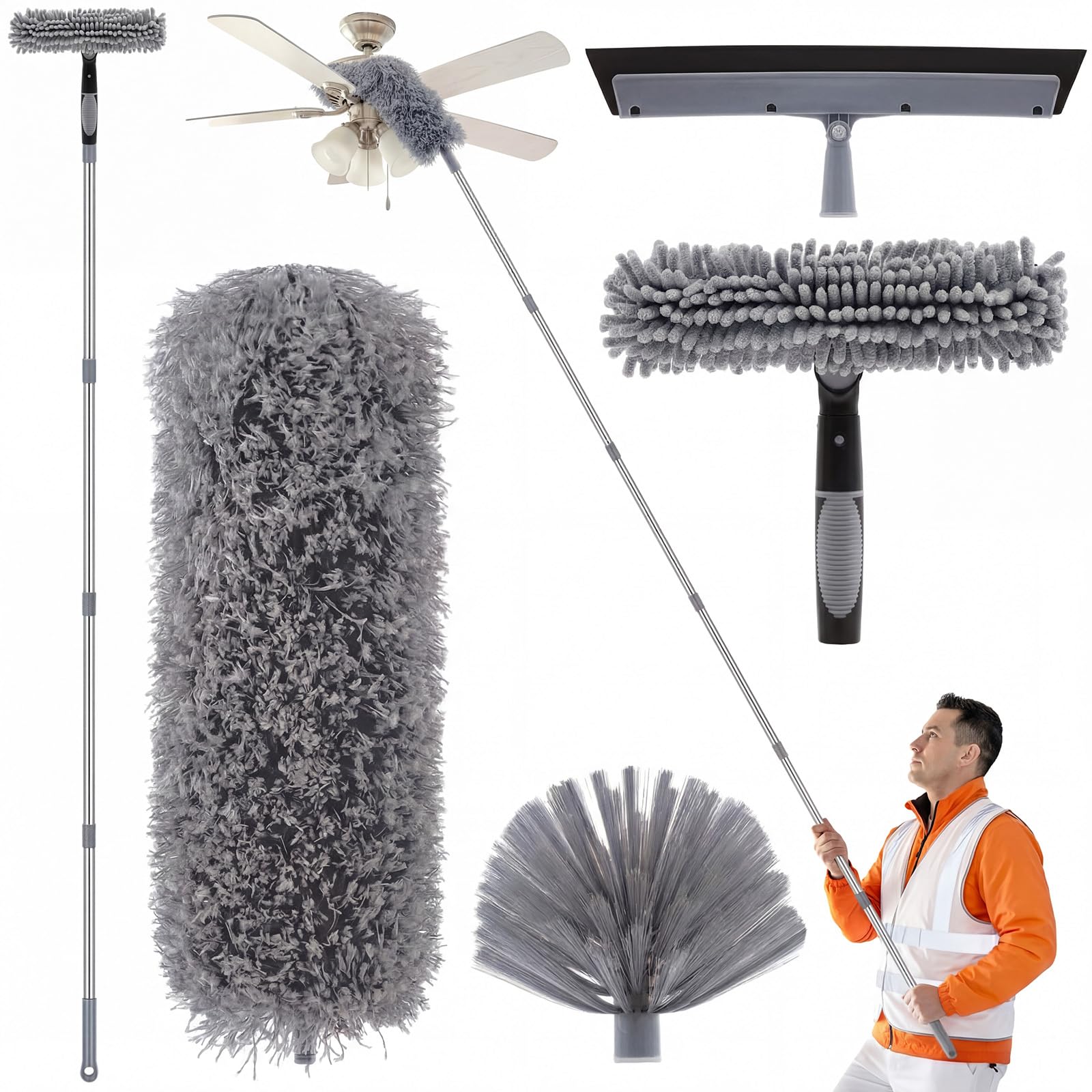 Staubwedel-Set mit hoher Reichweite, 90 cm, Verlängerungsstange, hohe Deckenstaub- und Fensterreinigungsset mit Fensterwascher und Rakel, Spinnennetz-Staubwedel, waschbarer Kopf für