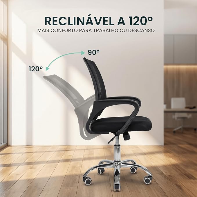 Demonstração da função de reclinação de até 120 graus da Cadeira Jadel Healer em um ambiente de escritório com piso de madeira.