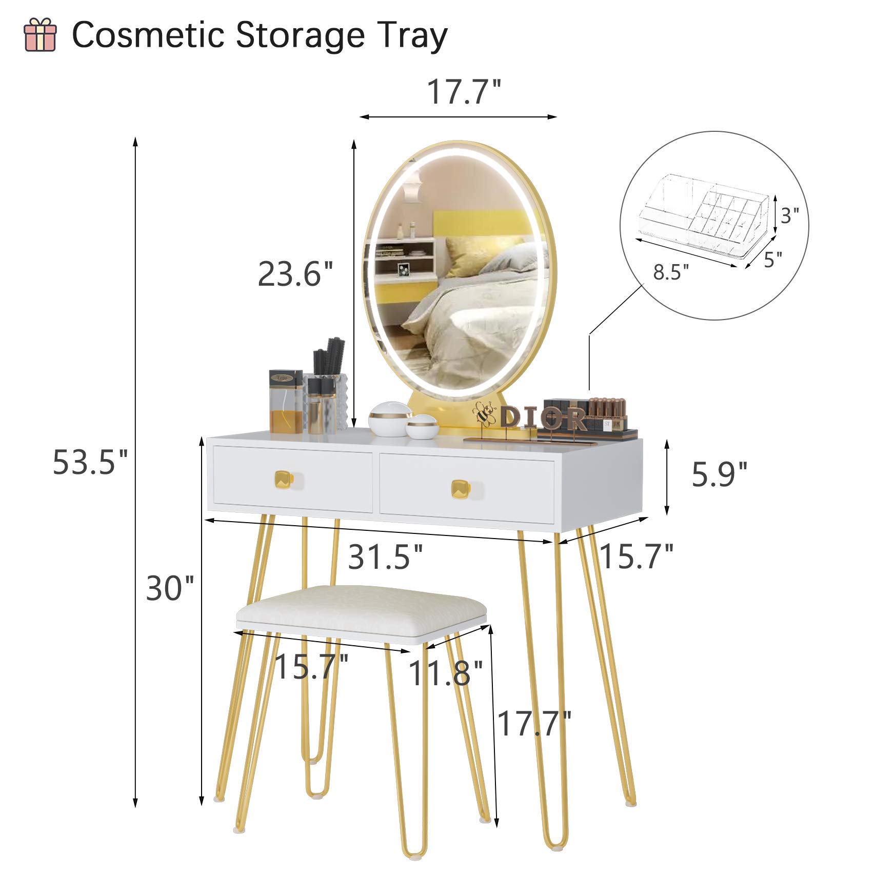 Vanity Table Set with 3 Color Lighted Mirror & Stool, Makeup Vanity