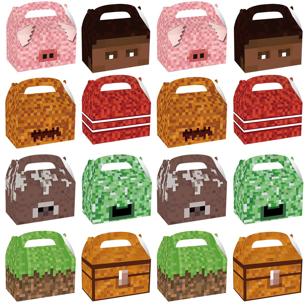 16 Pcs Pixel Theme Gift Box Bags, Pixel Miner Party Favors Decorations Gift Boxes Sandbox Family Goodie Paper Treat Boxes Pixel Party Supplies for Birthday