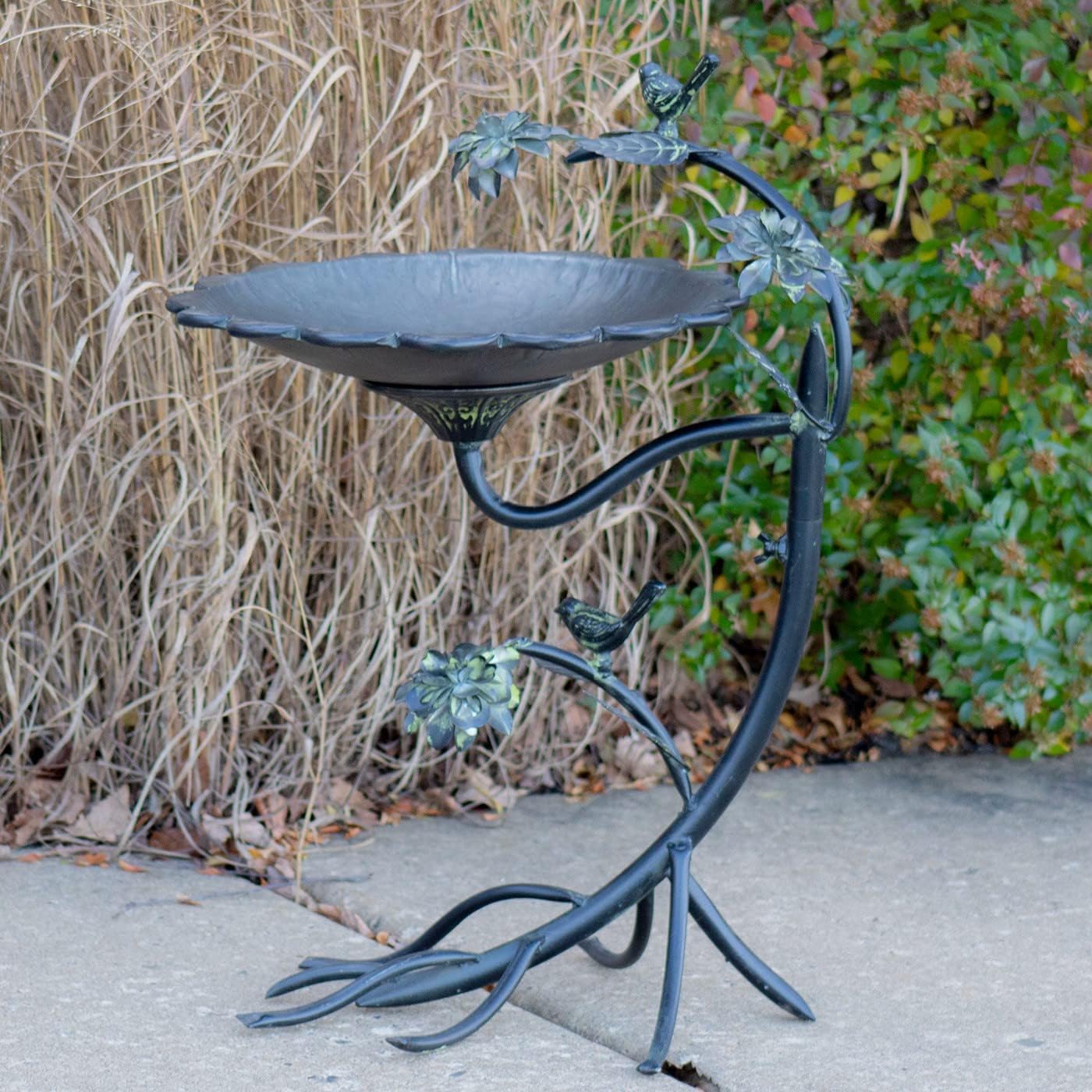 Zaer Ltd. Scallop Edge Metal Birdbath on Curved Branch Stand (Galvanized Color)