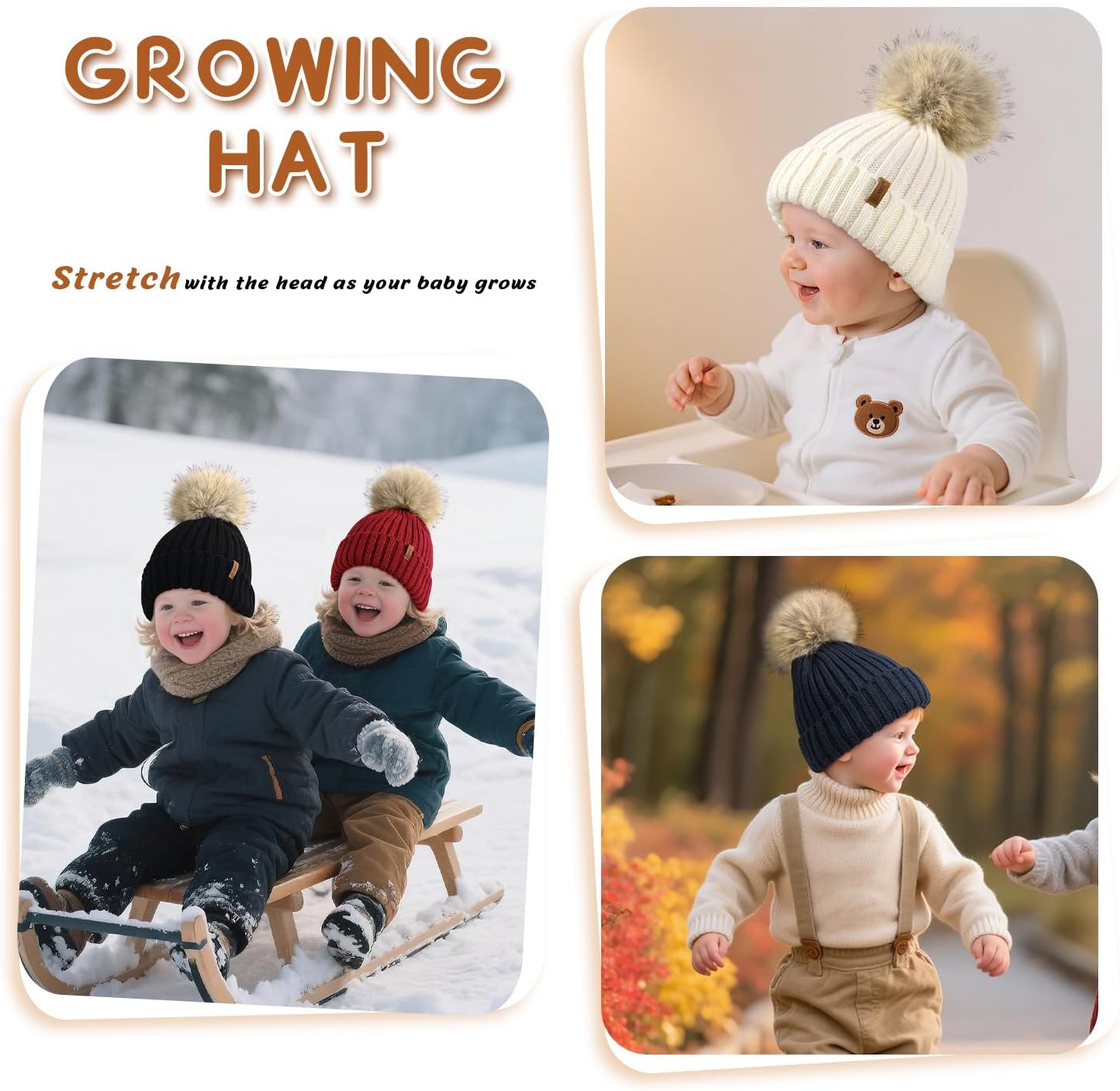 Kids Winter Hat Toddler Stretchy Knitted Beanie with Faux Fur Pom Poms Beanie for Baby Girls Boys - Image 6