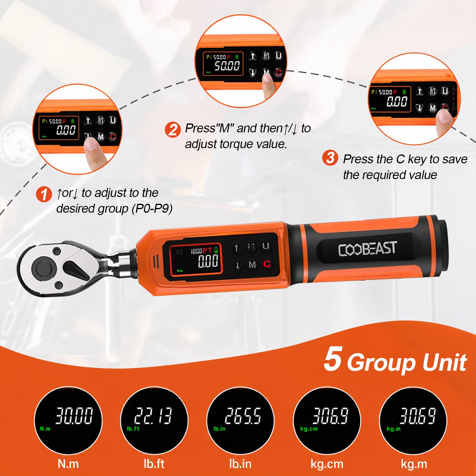coobeast Llave dinamométrica digital, juego de llaves dinamométricas electrónicas de 3/8 con valor preestablecido (0.66-44.29 pies-libras/0.9-60 Nm), zumbador y flash LED, cinco unidades de llave