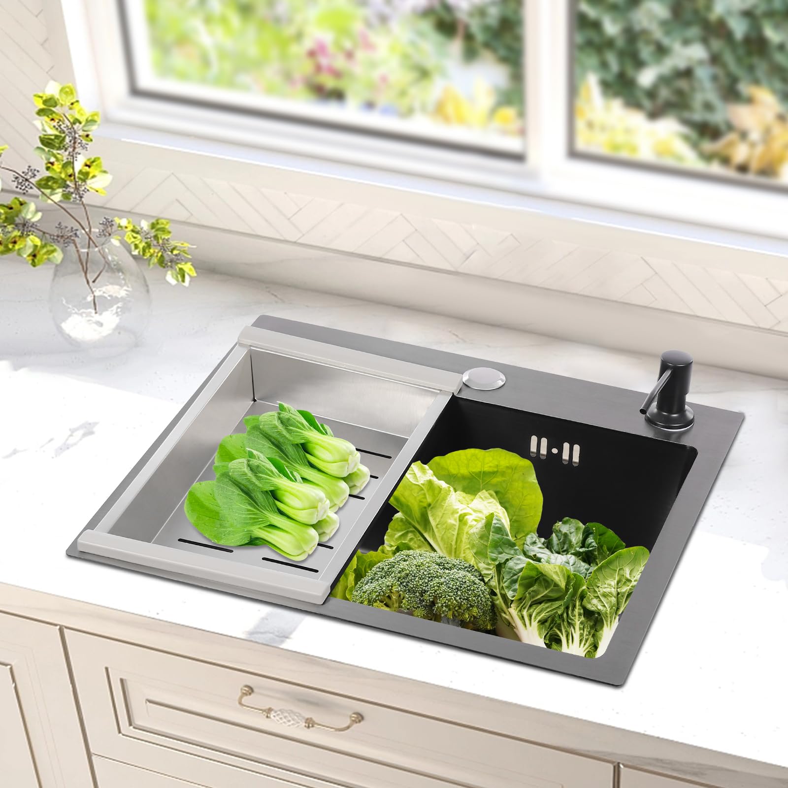Fregadero de acero inoxidable, 40 x 45 cm, con escurridor y dispensador de jabón, fregadero de cocina de acero inoxidable para montaje empotrado, montaje en mesa