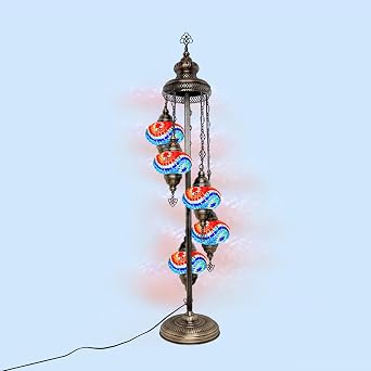 Turkish Mosaic Glass Big 7'' 5 Globe, Bohemian Floor Lamp with Stained Glass Shade - Unique Art Deco Corner Light - Moroccan Design - Tiffany Style Nightstand Lamp for Living Room (Blue Orange)