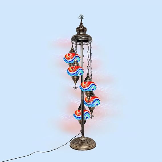 Turkish Mosaic Glass Big 7'' 5 Globe, Bohemian Floor Lamp with Stained Glass Shade - Unique Art Deco Corner Light - Moroccan Design - Tiffany Style Nightstand Lamp for Living Room (Blue Orange)