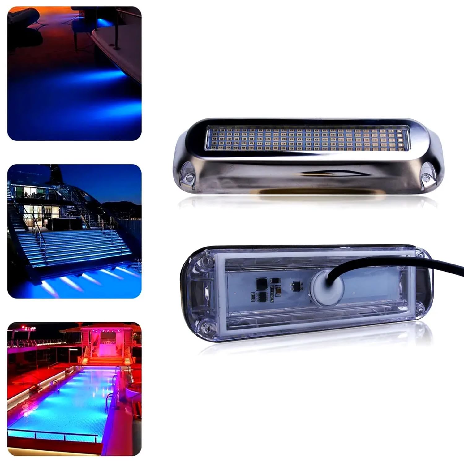 Greluma Lot de 2 lumières sous-marines LED pour bateaux marins (120 LED 180° bleu), DC 10V-30V IP68 étanches, montage en surface pour bateau de croisière, yacht, bateau à voile, ponton, feu arrière