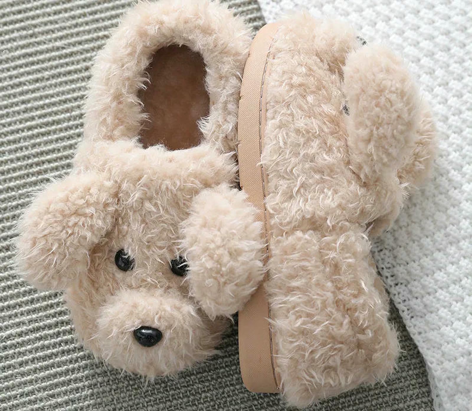 Pantuflas Zapatillas Cortas De Invierno para Mujer, Zapatos Cálidos Y Acogedores Algodón El Hogar, Antideslizantes Parejas Perros Lindos Interiores-Perro Caqui1-44-45(Ajuste 43-4