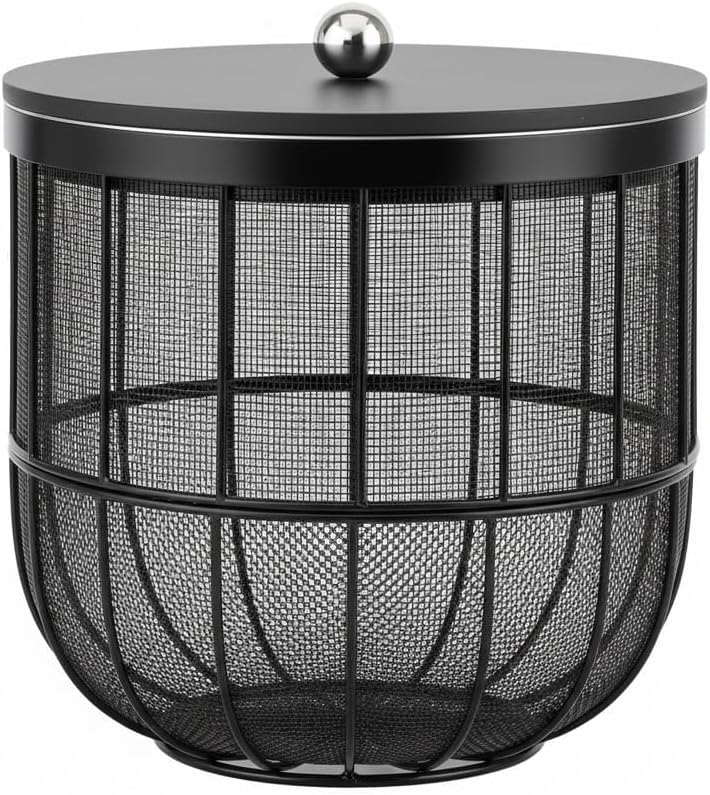 Premium Metal Fruit Basket with Lid | Large Capacity Mesh Storage Basket for Fruits & Vegetables | Dustproof Covered Fruit Bowl for Kitchen Counter & Dining Table Organizer (Black)