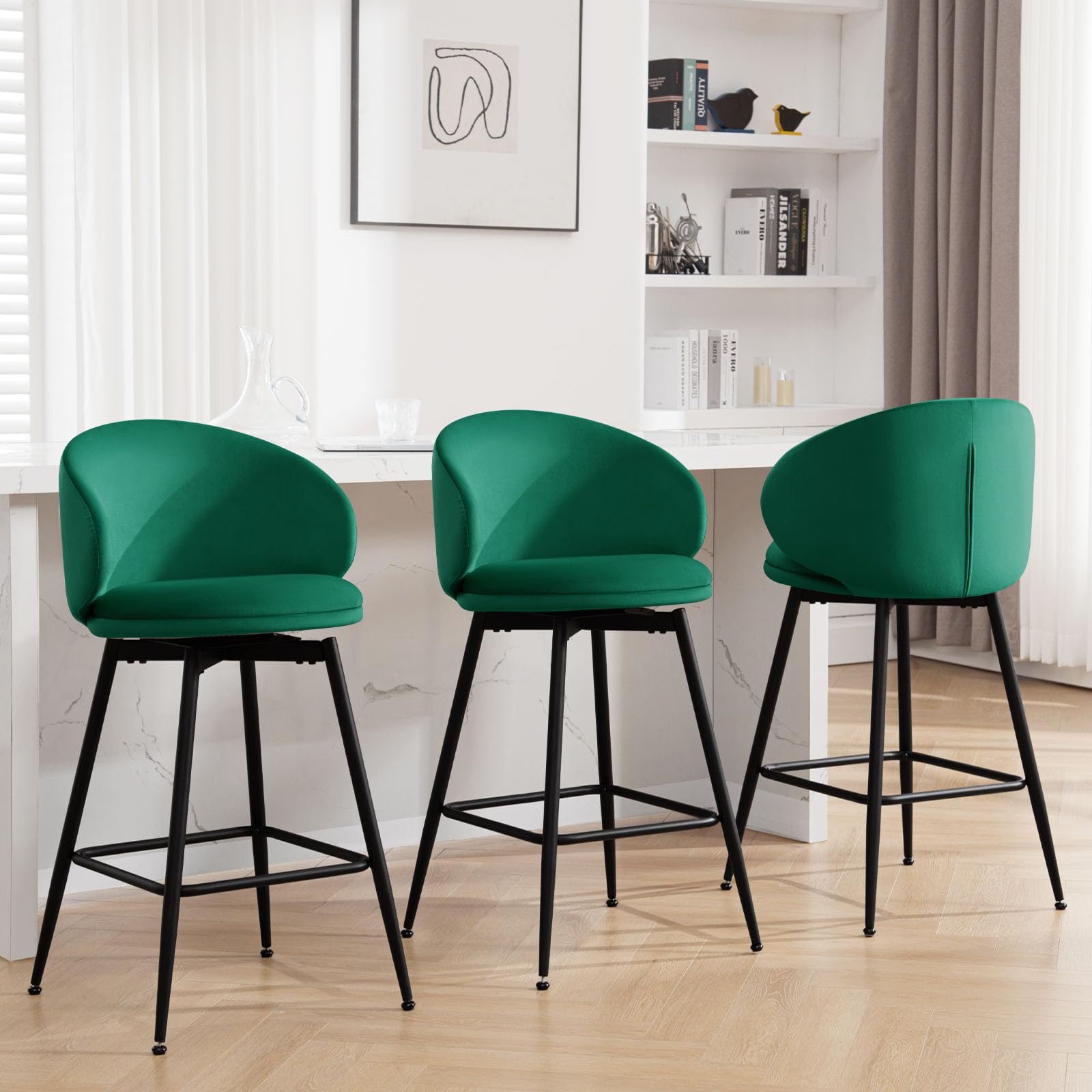 Bekrvio25" Counter Height Swivel Bar Stools with Back, Set of 3, Velvet Upholstered Kitchen Barstools Modern Bar Chair Island Stools for Kitchen Counter, Green, Sillas para barra de cocina