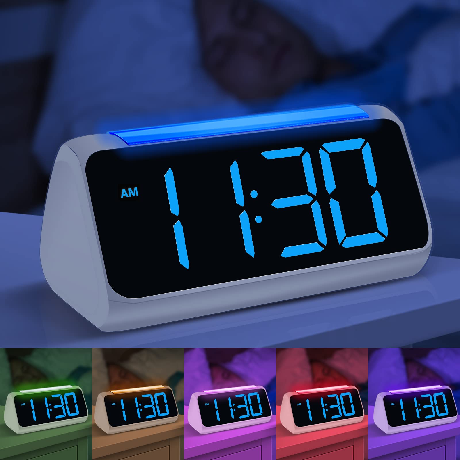 Netzu Digital Alarm Clock displaying various night light colors
