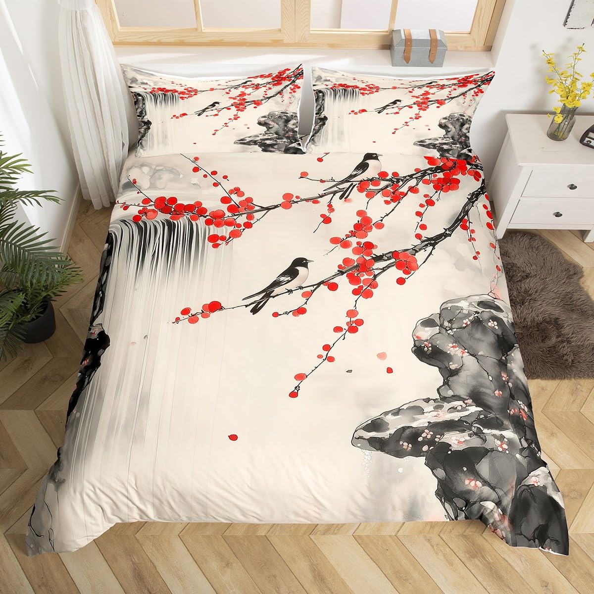 Chinese Style Duvet Cover Set King Size,Ink Wash Painting Waterfall Stone Bedding Set,Boys Girls Room Decor,Japan Ukiyoe Cherry Blossom Comforter Cover,White,2 Pillowcases(No Comforter) — image 1