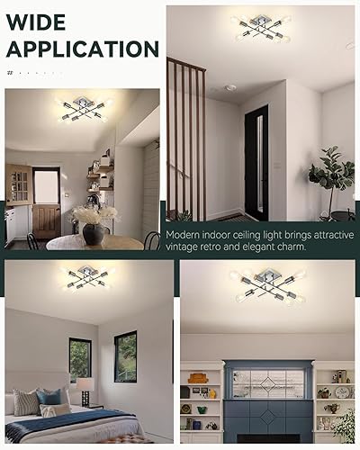 Miniatura 4 de Lámpara de techo semiempotrada de 6 luces, níquel cepillado industrial cerca del techo, moderna base E26 Sputnik lámpara de techo para cocina,