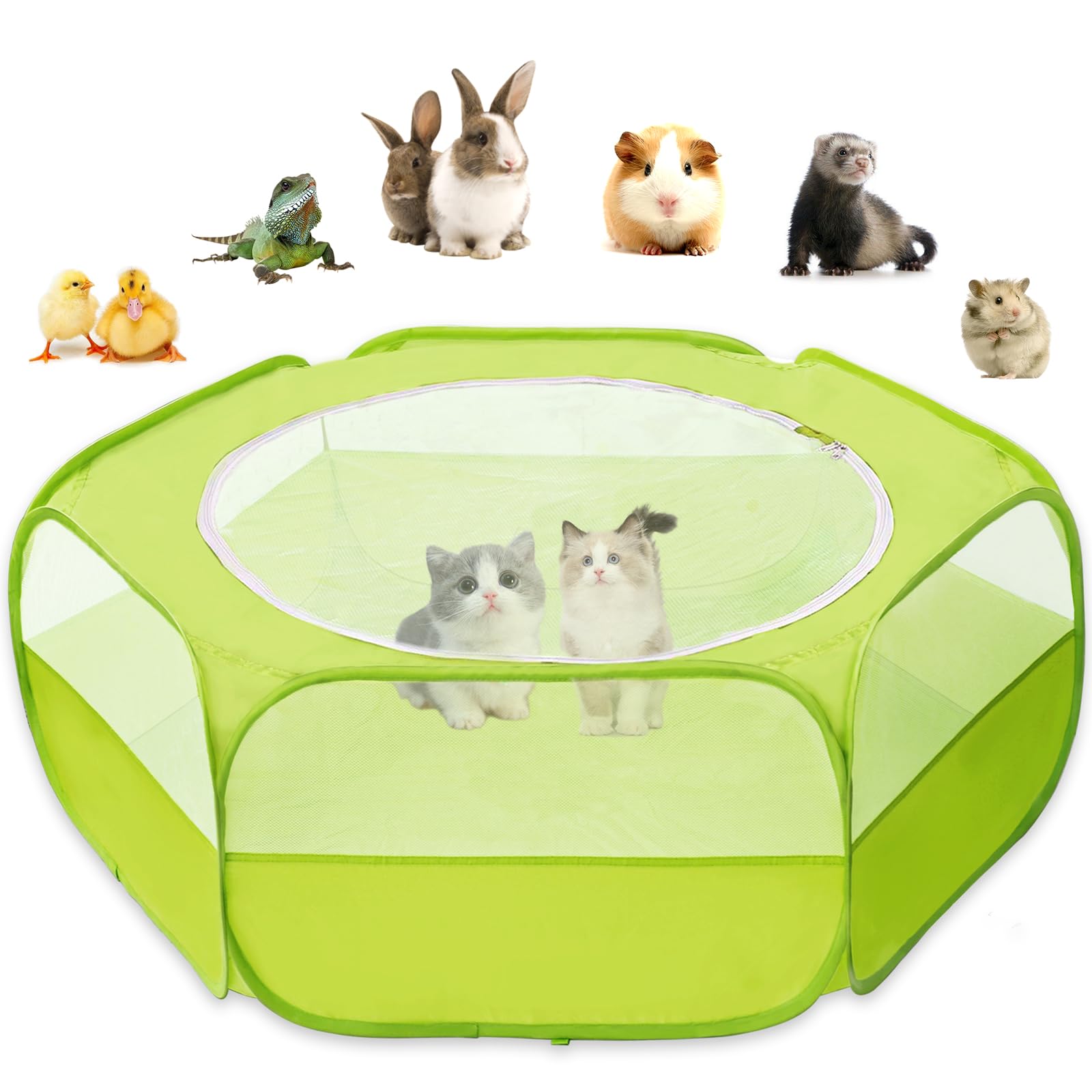 Small Animal Playpen, SKYKA Pet Playpens, Rabbit Playpen Cat Playpen with Cover Top Guinea Pig Toys Playpen for Hamster/Ferret/Bunny/Kitten/Chick Brooder Box Cage Tent, Indoor Outdoor Waterproof Green